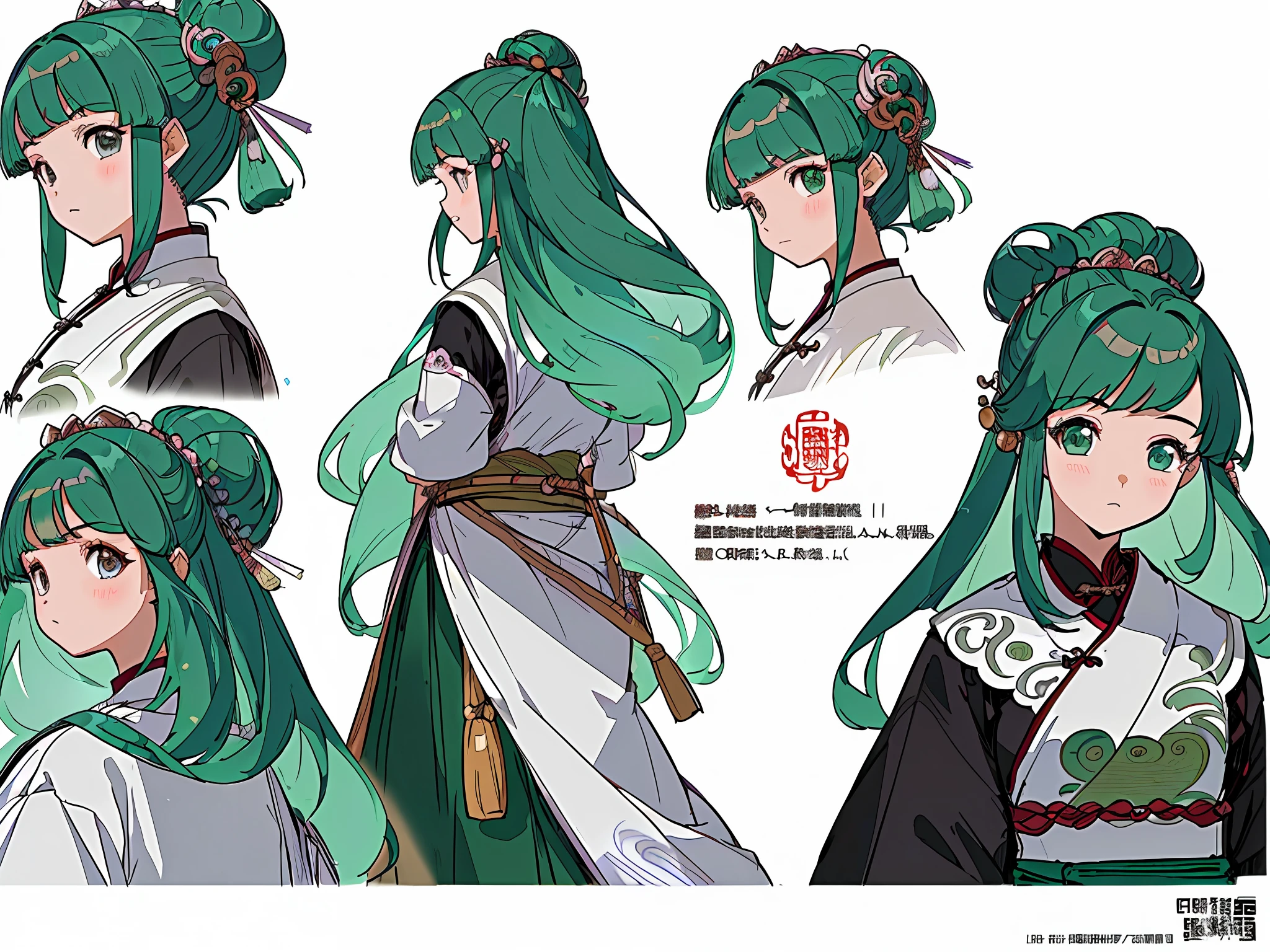 ((masterpiece)),(((best quality))),(character design sheet, same character, front, side, back), illustration, 1 girl, hair color, hairpin, bangs, hairstyle fax, eyes, environment Scene change, hairstyle fax, pose Zitai, female, ancient Chinese princess, charturnbetalora, (simple background, white background: 1.3)