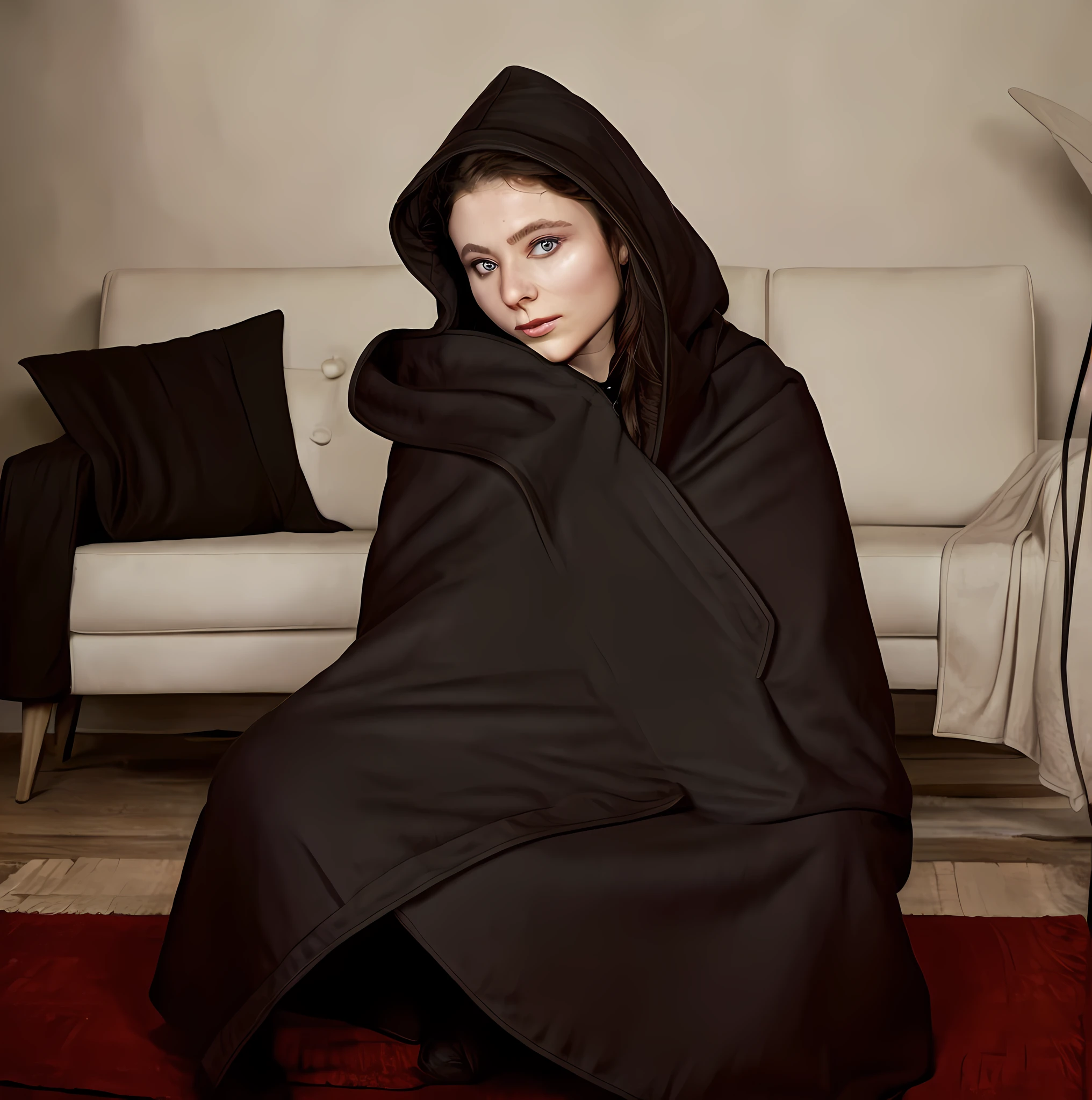 Alavid woman sitting on the floor wrapped in blanket, wearing a luxurious cloak, covered with blanket, designed for cozy aesthetics!, wearing a hooded cloak, cozy under a blanket, wearing dark robe, Wearing a luxurious silk cloak, wearing a luxurious royal cloak, Wearing a black robe, portrait shooting, Hooded, wearing sci - fi cloak with hood, tech robes，photorealestic，a picture