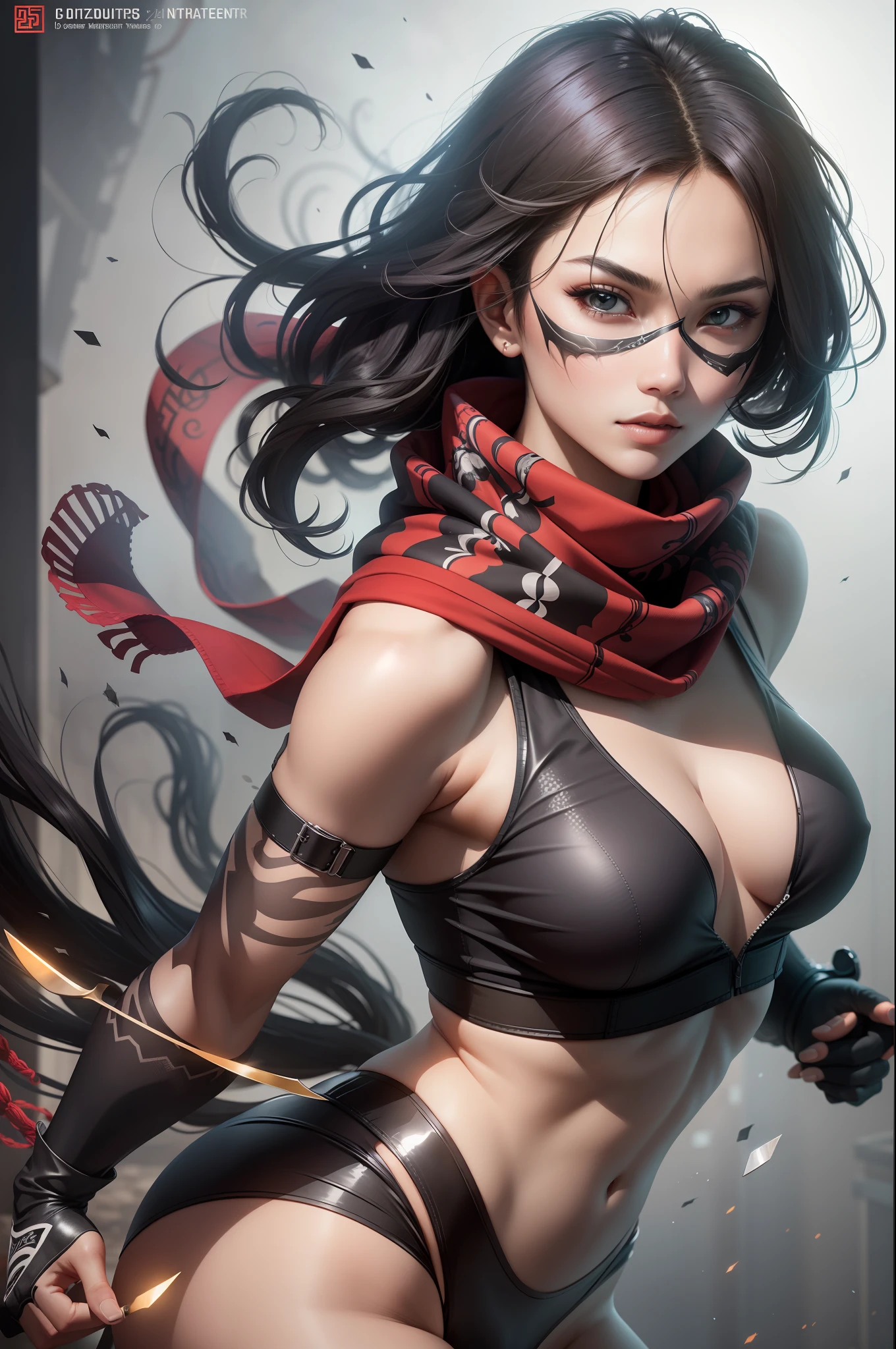 masterpiece, best quality,gorgeous,amazing,epic,1girl,ninja-mask,slim body,kong-fu,black hair,black eyes,Chinese hairstyle,see-through,cinematic Lighting,Accent Lighting,dramatic_shadow,ray_tracing,complex clothes and patterns, fighting,holding knife,hair-bangs,scarf