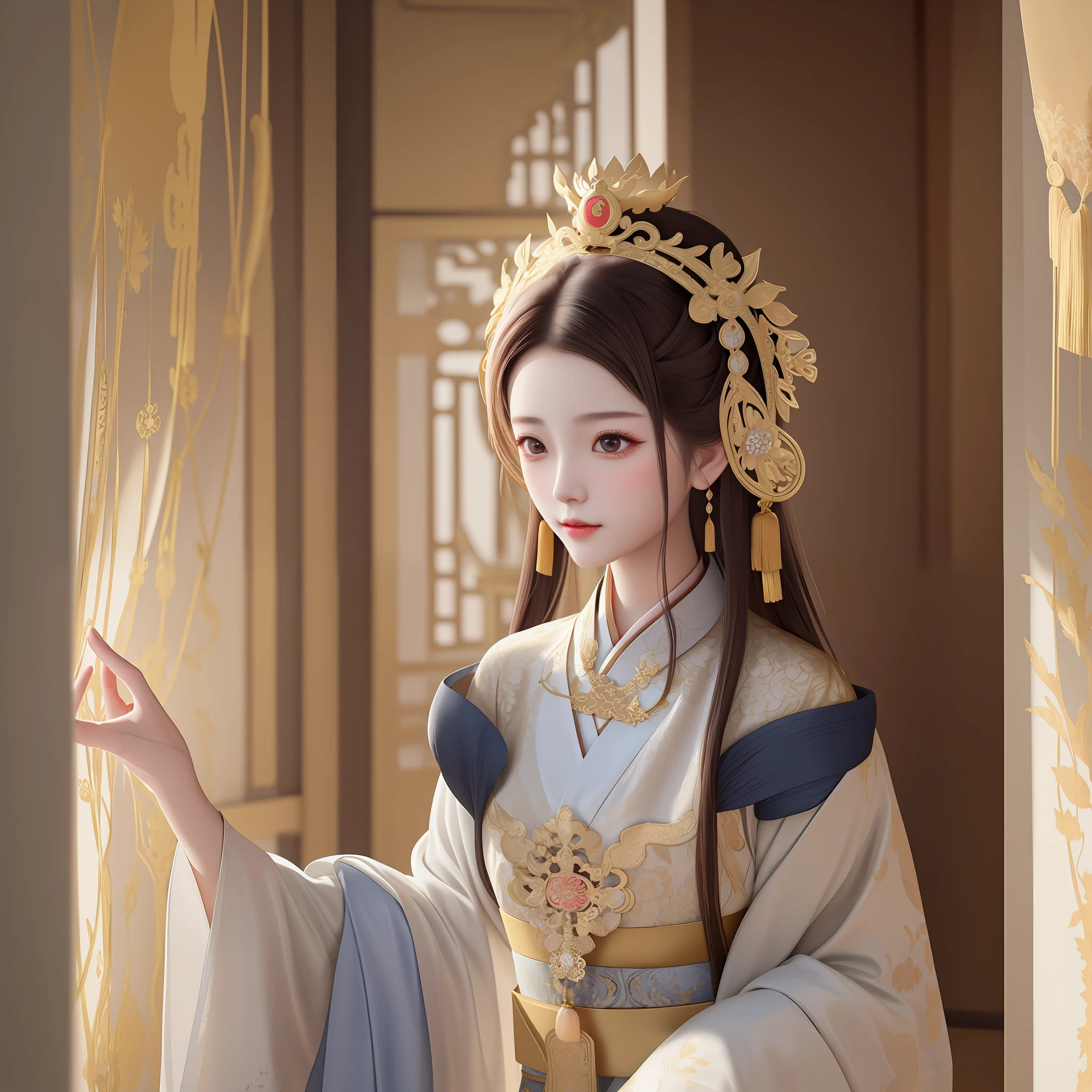Arakfi women pose for photos wearing white dresses and gold headdresses, Palace ， A girl in Hanfu, a beautiful fantasy empress, elegant lady with alabaster skin, ((a beautiful fantasy empress)), in a high renaissance style, Wearing Gorgeous Costume, in a renaissance style, Beautiful rendering of the Tang Dynasty, a young woman as genghis khan，Beauty in period costume，Gentle and beautiful，Dignified and beautiful，Hanfu beauty，Ancient Chinese architectural background，Royal Sister Beauty - --auto