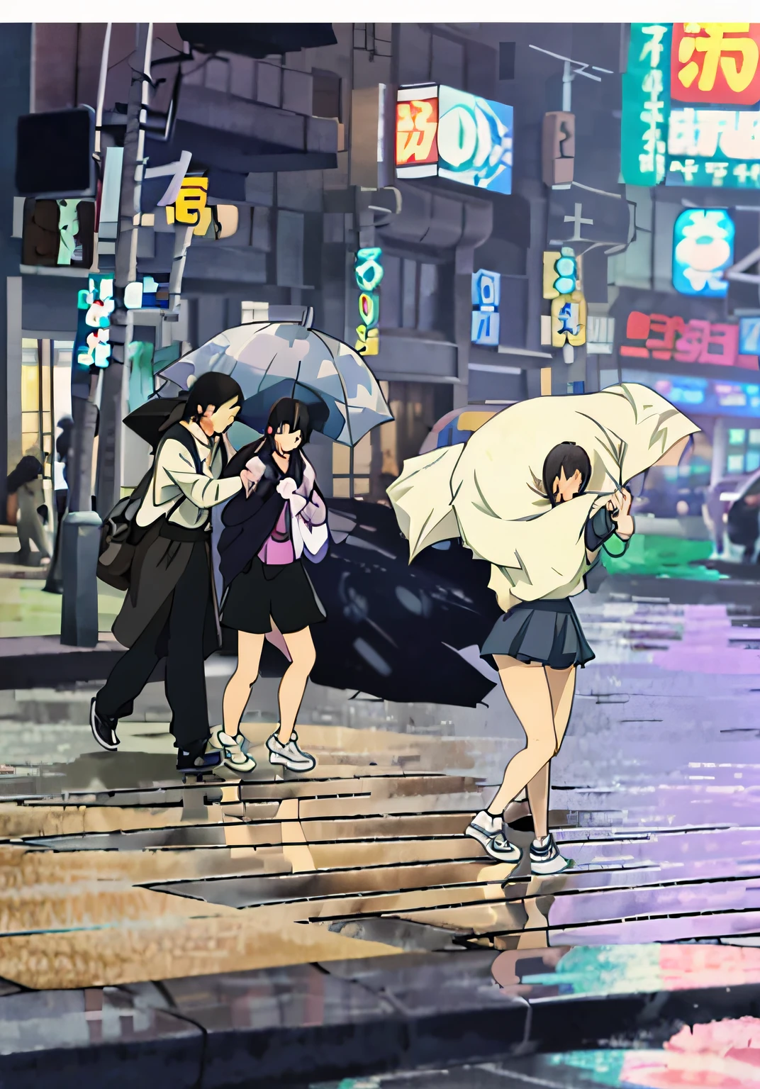 There was a couple walking down the street with umbrellas in their hands, holding a puppy，With a surprised look on his face, at evening during rain，Light from the rear，Wet streets, A running girl in front lifted a large white dog above her head，tokyo anime anime scene, In animation《Fantasma na Concha》curly, In a Japanese anime style, cat attacking tokyo, korean art nouveau anime, incredible anime movie scene, Guviz-style artwork, vaporwave cartoon, Japanese animation style, anime cgi style, ghibli studio anime style