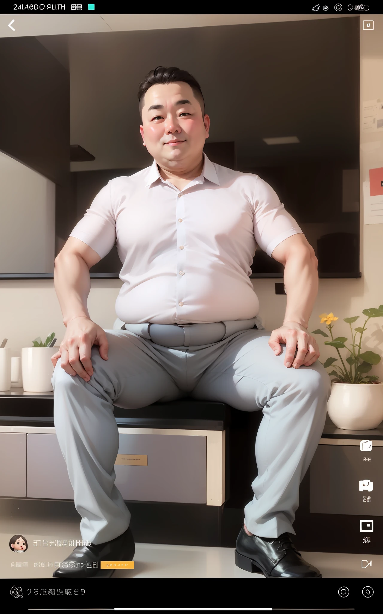 Fat uncle，with a round face，short detailed hair，ssmile，potbelly，White color blouse，Business suit，with fair skin
