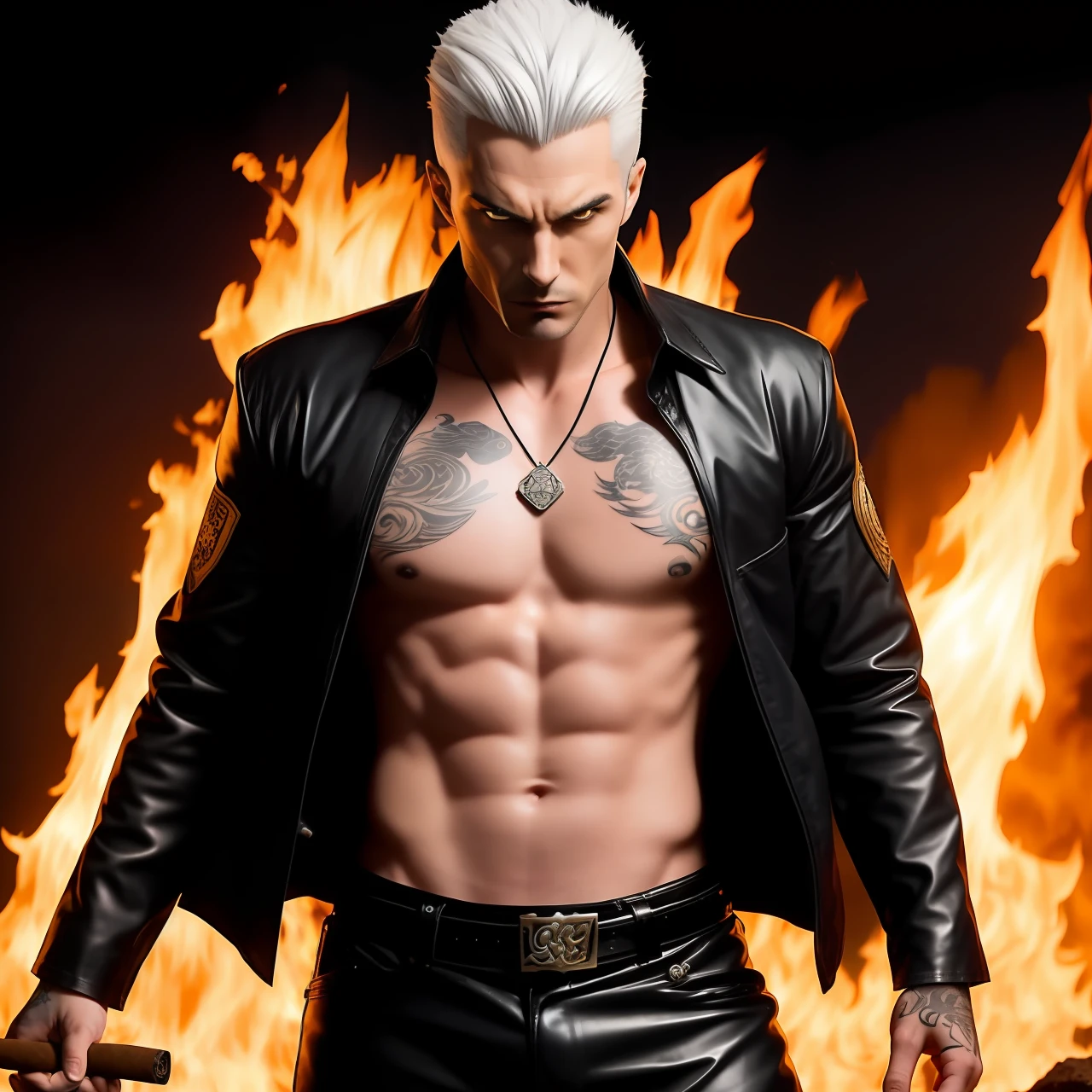 A man with gray white hair and pale skin. l vampire. His name is Victor. red-eyes. Fire in the eyes of a cruel hero. Fiery Katana Sword. pale skin. He wears a plunging shirt and black leather pants. On the chest is a pendant with a ruby. There are tattoos on the body. The arrogant look of a killer. Nuclear explosion. Courage Challenge Strength Danger Fire Dragon Moonrise Myth. The cigar smokes.