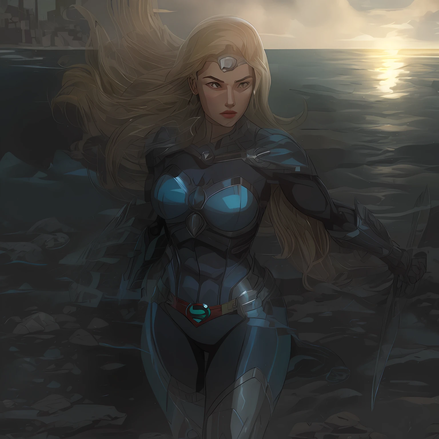 superheroine queen of the oceans, mulher de cabelo branco, vestindo um traje de armadura azul com detalhes prateados, corpo atletico, poderosa, deusa, divindade moderna, personagem 2d, estilo quadrinhos, controla os mares