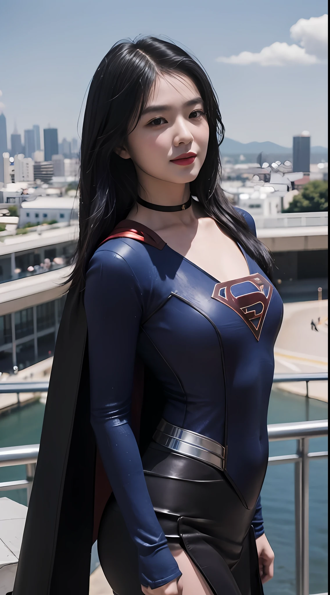 Supergirl，black color hair，a asian beauty，Detailed depictions of faces，ssmile，Standing on top of tall buildings，（Three-quarters photo close-up：1.3），with blue sky and white clouds，Outdoor photography，cinmatic lighting，volumettic light，best qualityer，Extremely fine，infinite details，photograph of-realistic，HighestQuali，tmasterpiece，octaneratingrendering，8K,hyper HD