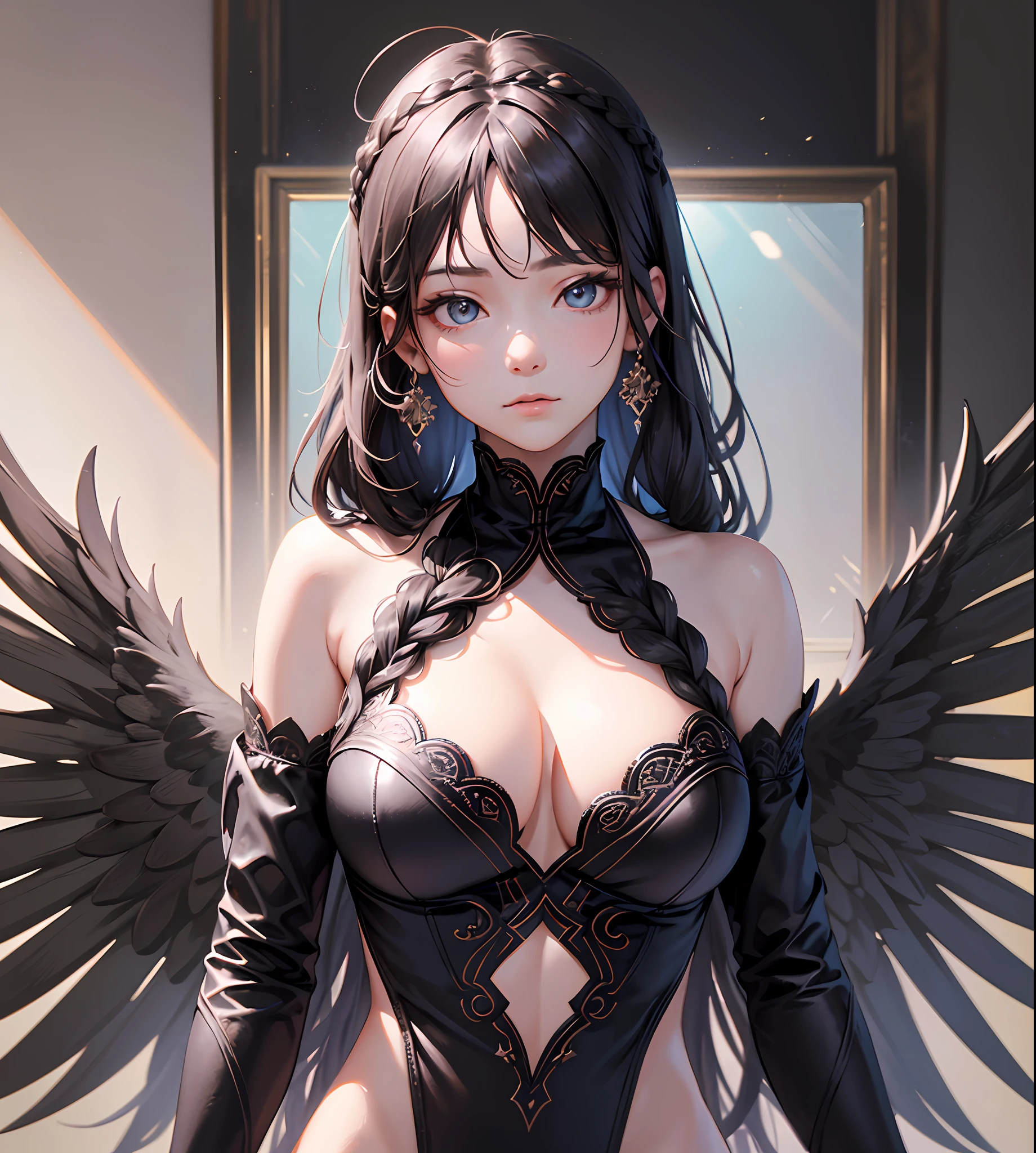 Black Angel 🌒 : (a woman with wings on her body and a black dress), (hand well), (finger well), (long braided hair), (bangs), funky pose, with in frame, ultra-detailed, 8k, masterpiece, (volumetric lighting), beautiful detailed eyes, (ambient light), realistic shadows, (fullbody:1), (1girl), (cowboy shot), looking at viewer, perfect body, body well:1, leg well:1, arm well:1 --auto --s2