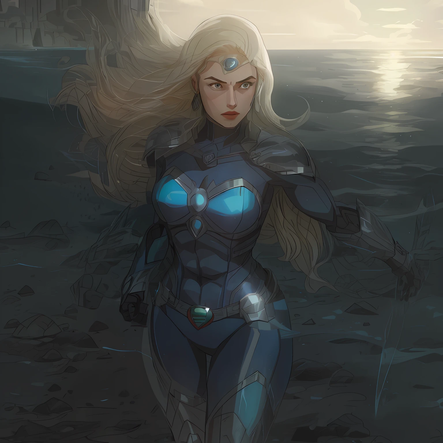 superheroine queen of the oceans, mulher de cabelo branco, vestindo um traje de armadura azul com detalhes prateados, corpo atletico, poderosa, deusa, divindade moderna, personagem 2d, estilo quadrinhos, controla os mares