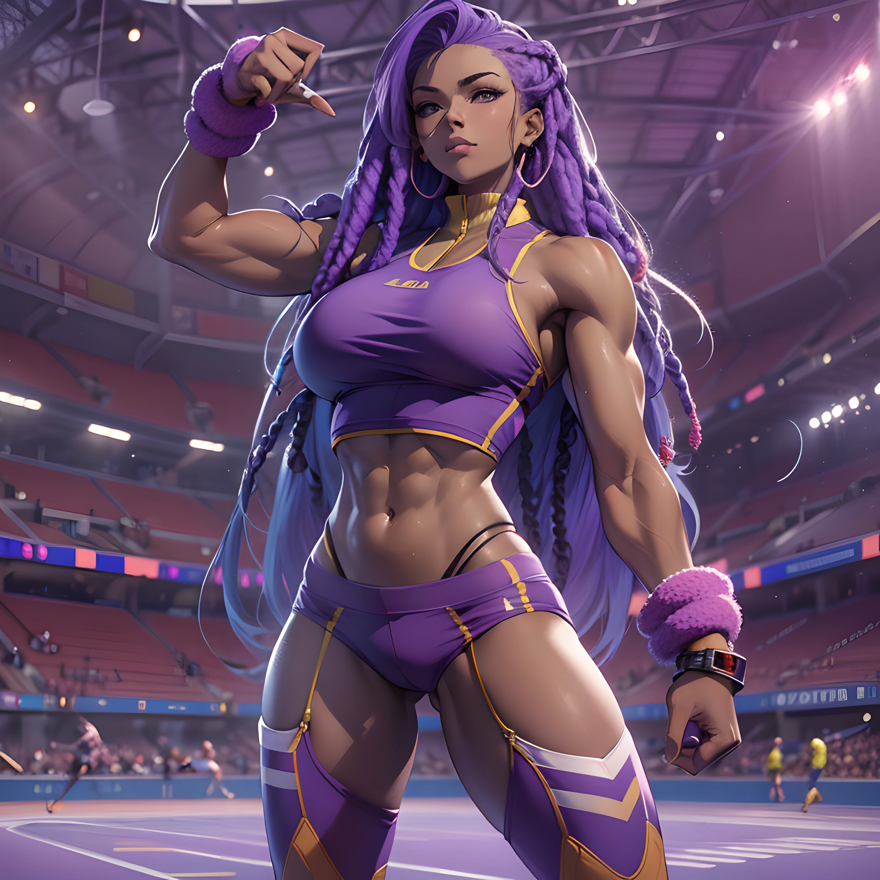 (perfect anatomy), (sports body), (big breastes), (thick-thighs), (perfect arms), (tracksuit ), Pointed bracelets, looking a viewer, (Medium full-frame photography), (Background of the battle arena), (purple dreadlocks)