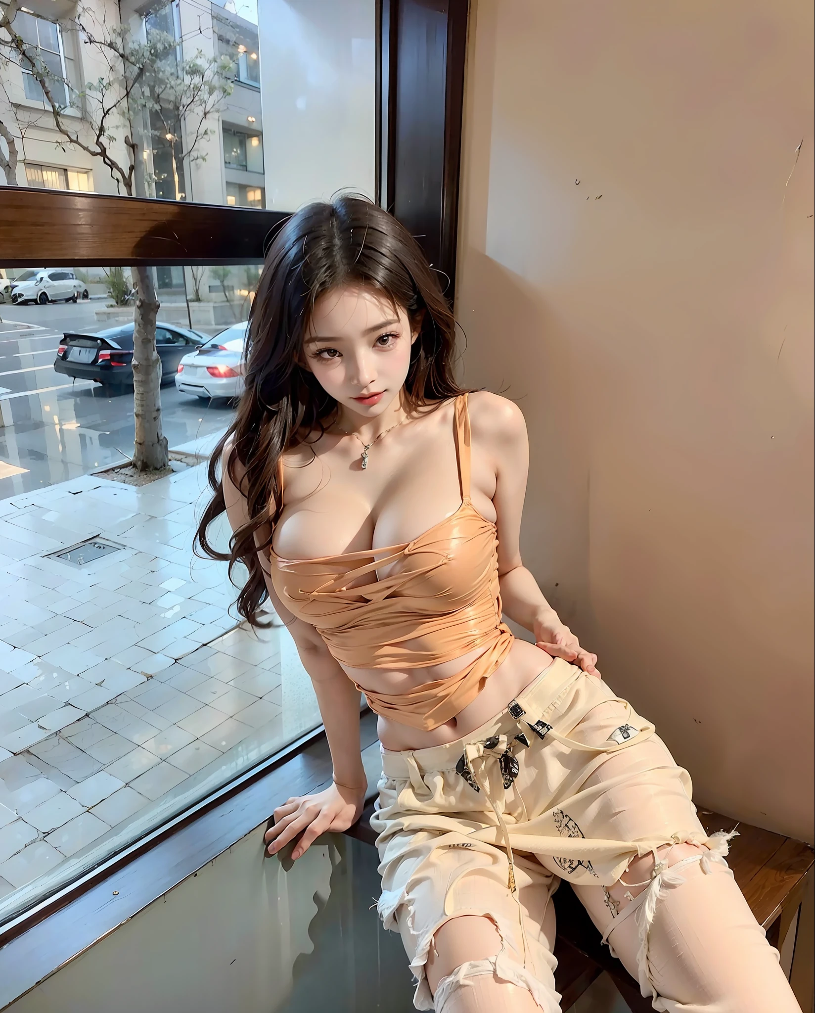 Asian woman sitting on windowsill in tan top, Open V chest clothes, Gorgeous young Korean woman, Clothing that exposes, photo of slim girl, Sexy girl, gorgeous chinese models, photo of slim girl model, Korean girl, beautiful Korean women, Beautiful young Korean woman, Instagram model, 2 4 year old female model, wearing tight simple clothes