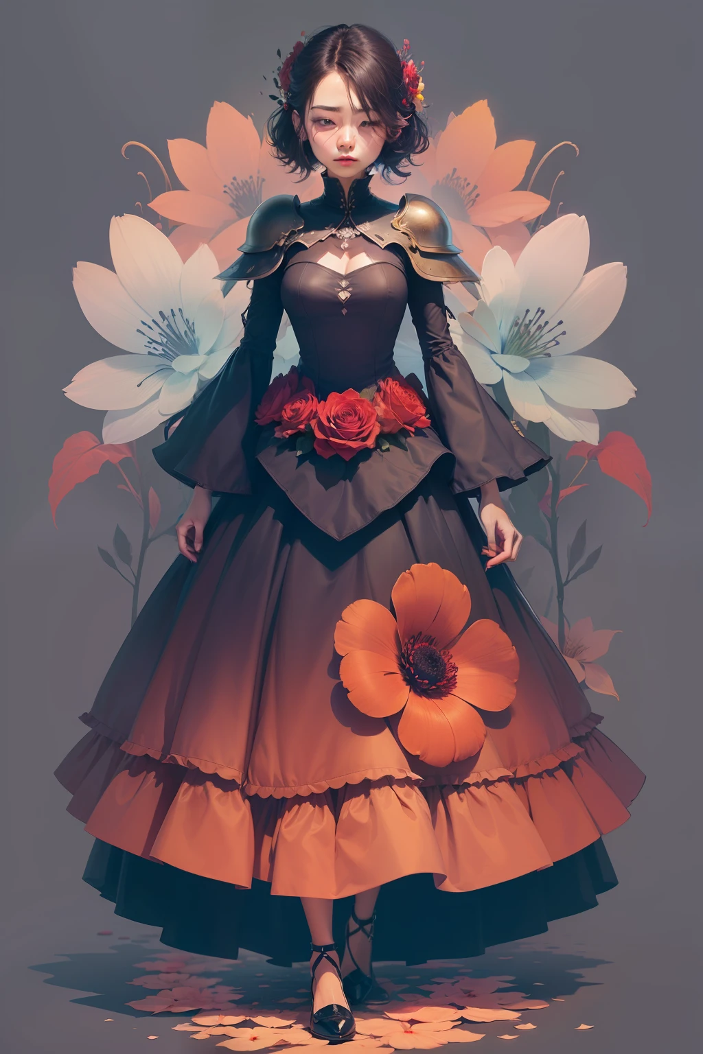 woman, flower dress, colorful, dark background, flower armor, dark red theme, (muted colors, dim colors, soothing tones:1.3),