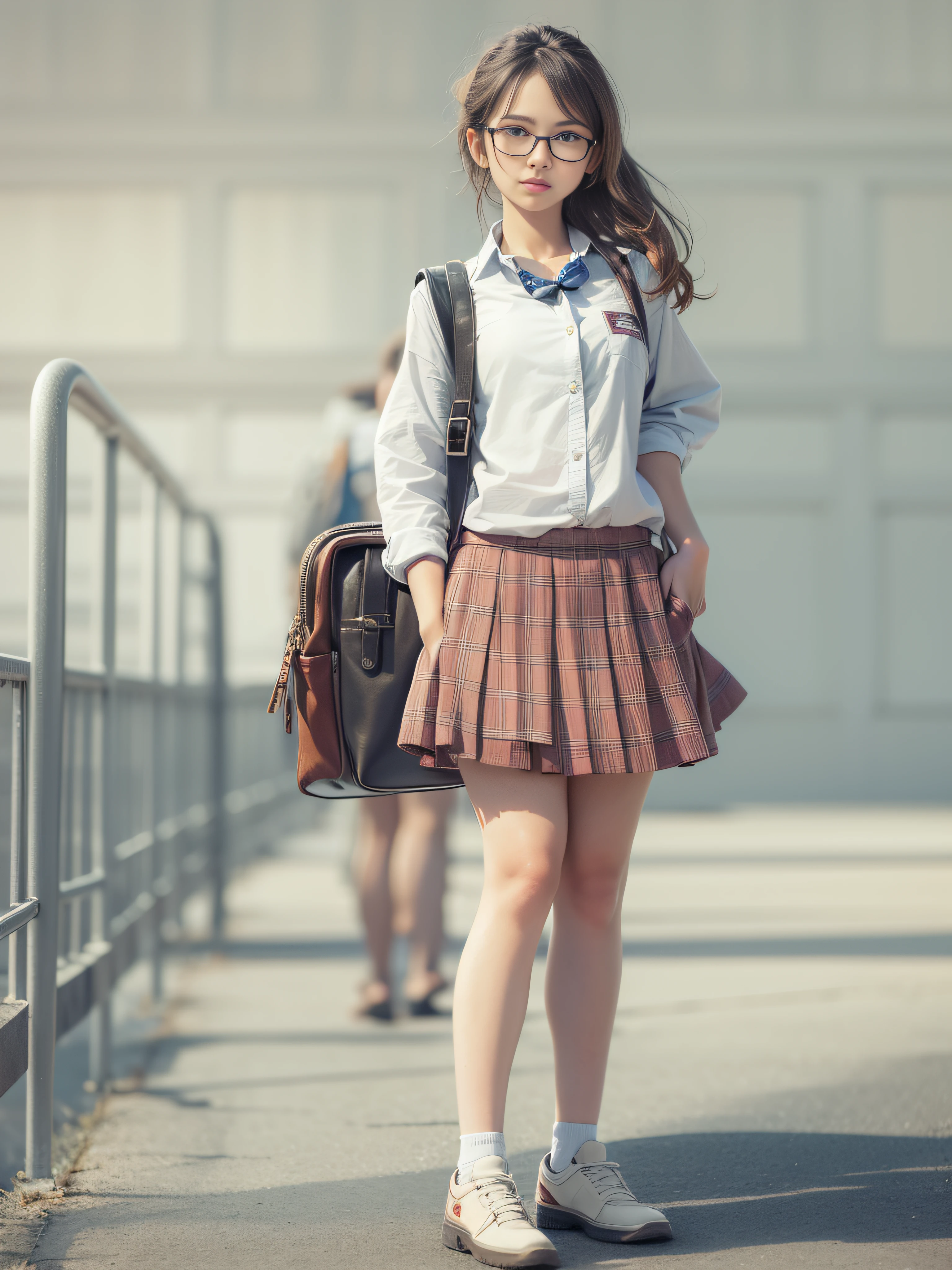 Realiy，solo person，sweet，being thin，Full body photo of the front，female student，Wear a school uniform，wears glasses，Need，tmasterpiece