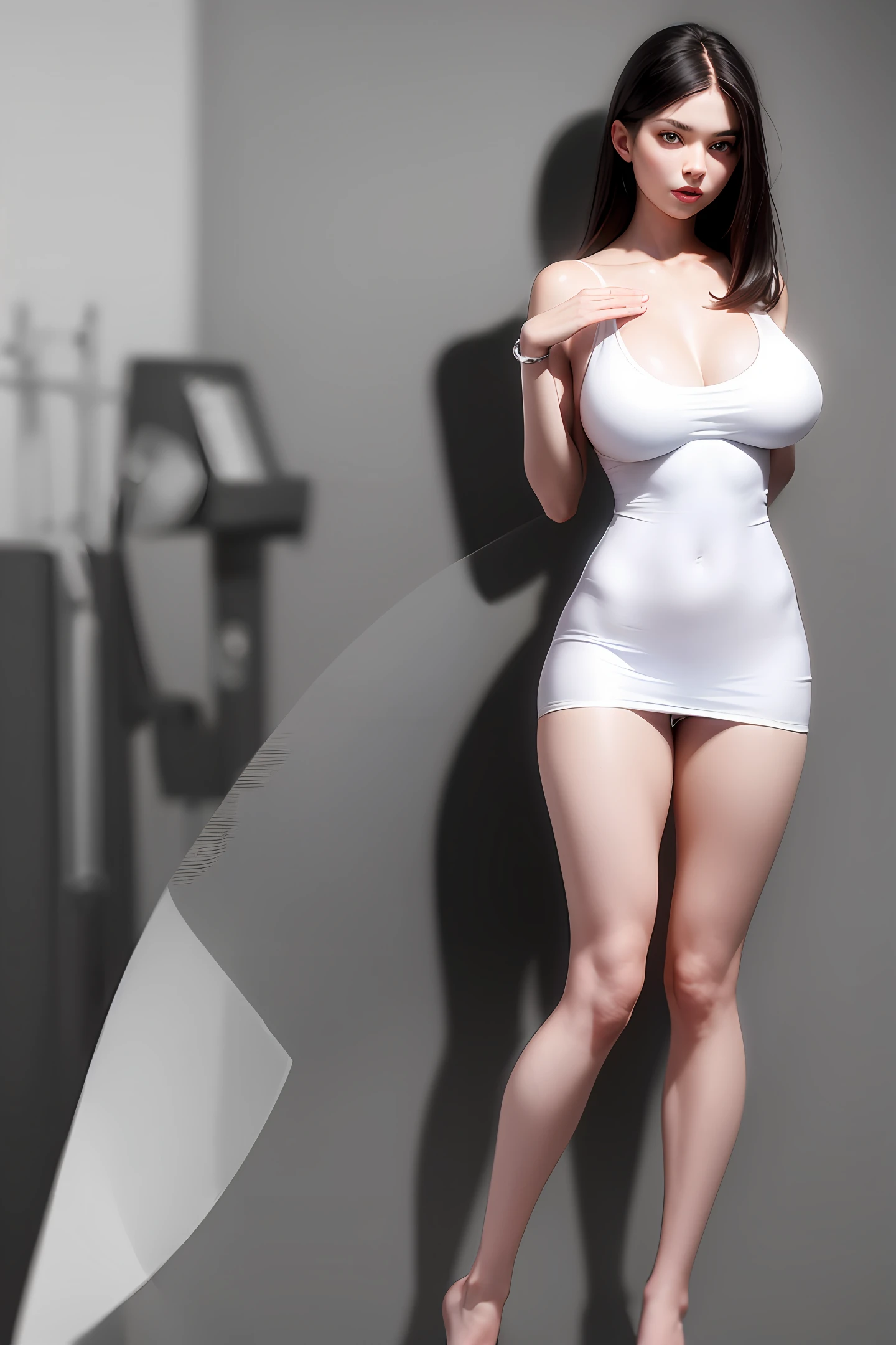 White clothes very transparent No underwear Long legs Real big breasts Realistic