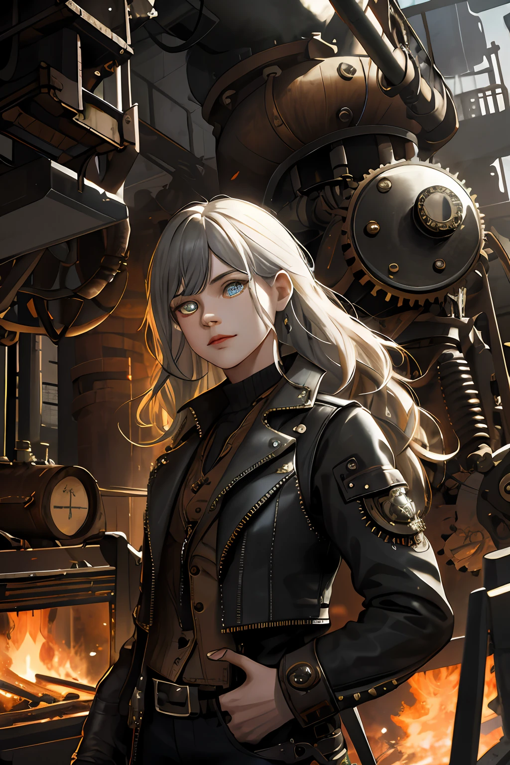 (absurdres, highres, ultra detailed), 1woman, mature female, aged up, wavy long hair, split-color hair, heterochromia, bangs, long sleeves, finely detailed eyes and detailed face, extremely detailed CG unity 8k wallpaper, intricate details, (style-rustmagic:0.8), (medieval cyborg:0.8), portrait, (bloody wounds:0.7), looking at viewer, solo, half shot, detailed background, (steampunk theme:1.1) determined expression, dark couds technomancer, floating lights, color leather vest with gears, techwear, jetpack, workshop in background, machines, gears, steam, industry, technology, furnace, grime, anvil, buttons, levers, automaton, electricity, electric sparks epic atmosphere,, portrait
