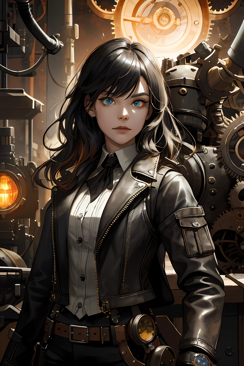 (absurdres, highres, ultra detailed), 1woman, mature female, aged up, wavy long hair, split-color hair, heterochromia, bangs, long sleeves, finely detailed eyes and detailed face, extremely detailed CG unity 8k wallpaper, intricate details, (style-rustmagic:0.8), (medieval cyborg:0.8), portrait, (bloody wounds:0.7), looking at viewer, solo, half shot, detailed background, (steampunk theme:1.1) determined expression, dark couds technomancer, floating lights, color leather vest with gears, techwear, jetpack, workshop in background, machines, gears, steam, industry, technology, furnace, grime, anvil, buttons, levers, automaton, electricity, electric sparks epic atmosphere,, portrait