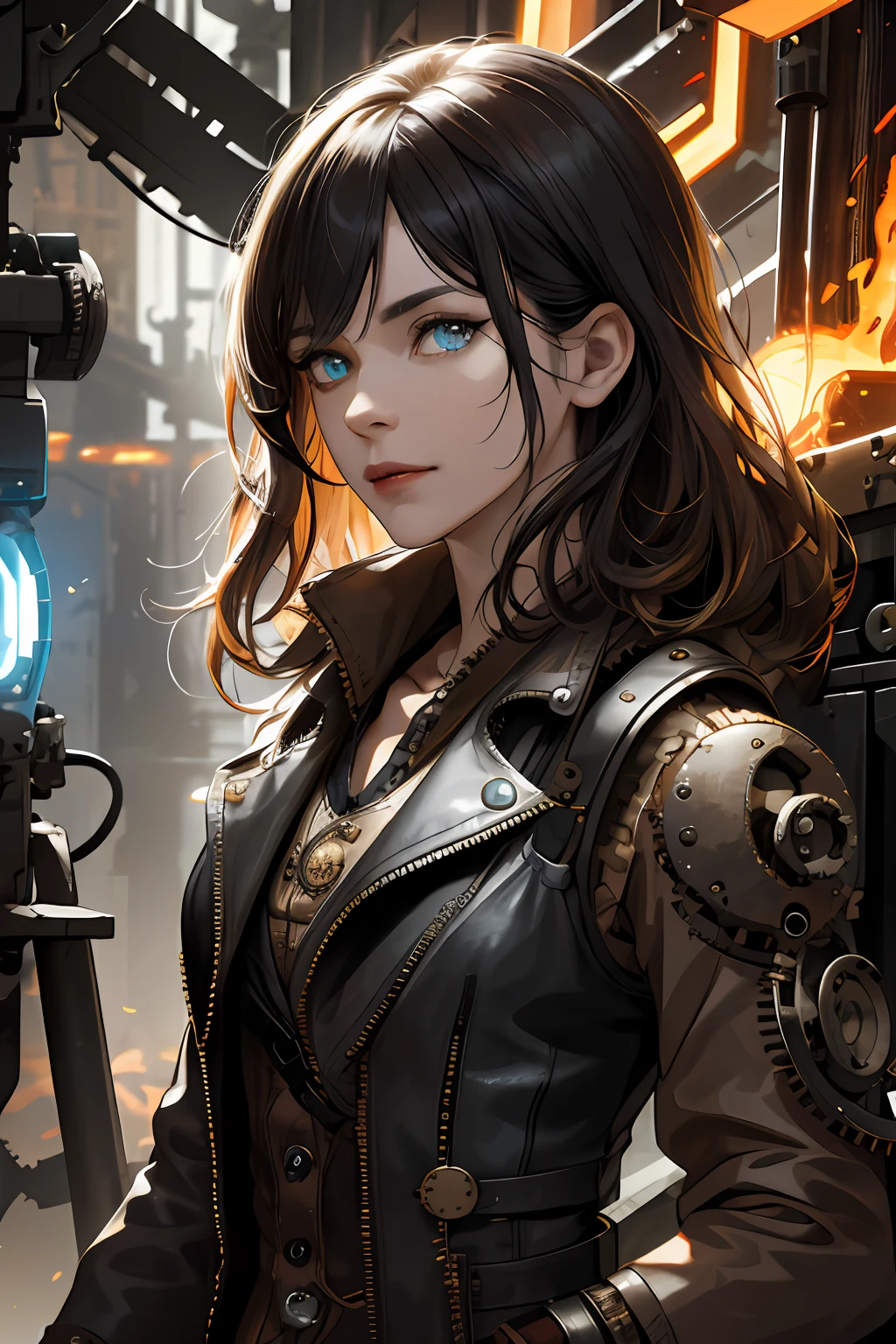 (absurdres, highres, ultra detailed), 1woman, mature female, aged up, wavy long hair, split-color hair, heterochromia, bangs, long sleeves, finely detailed eyes and detailed face, extremely detailed CG unity 8k wallpaper, intricate details, (style-rustmagic:0.8), (medieval cyborg:0.8), portrait, (bloody wounds:0.7), looking at viewer, solo, half shot, detailed background, (steampunk theme:1.1) determined expression,  dark couds technomancer, floating lights, color leather vest with gears, techwear,  jetpack,   workshop in background, machines, gears, steam, industry, technology, furnace, grime, anvil,  buttons, levers,  automaton,  electricity, electric sparks epic atmosphere,, portrait