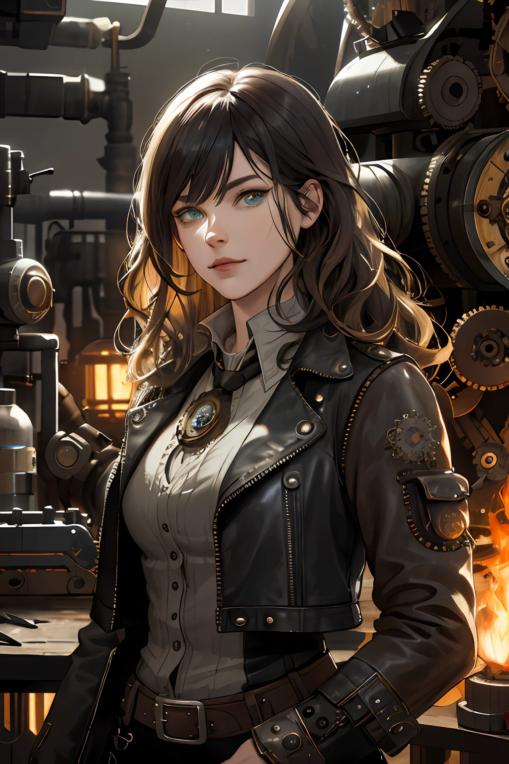 (absurdres, highres, ultra detailed), 1woman, mature female, aged up, wavy long hair, split-color hair, heterochromia, bangs, long sleeves, finely detailed eyes and detailed face, extremely detailed CG unity 8k wallpaper, intricate details, (style-rustmagic:0.8), (medieval cyborg:0.8), portrait, (bloody wounds:0.7), looking at viewer, solo, half shot, detailed background, (steampunk theme:1.1) determined expression,  dark couds technomancer, floating lights, color leather vest with gears, techwear,  jetpack,   workshop in background, machines, gears, steam, industry, technology, furnace, grime, anvil,  buttons, levers,  automaton,  electricity, electric sparks epic atmosphere,, portrait