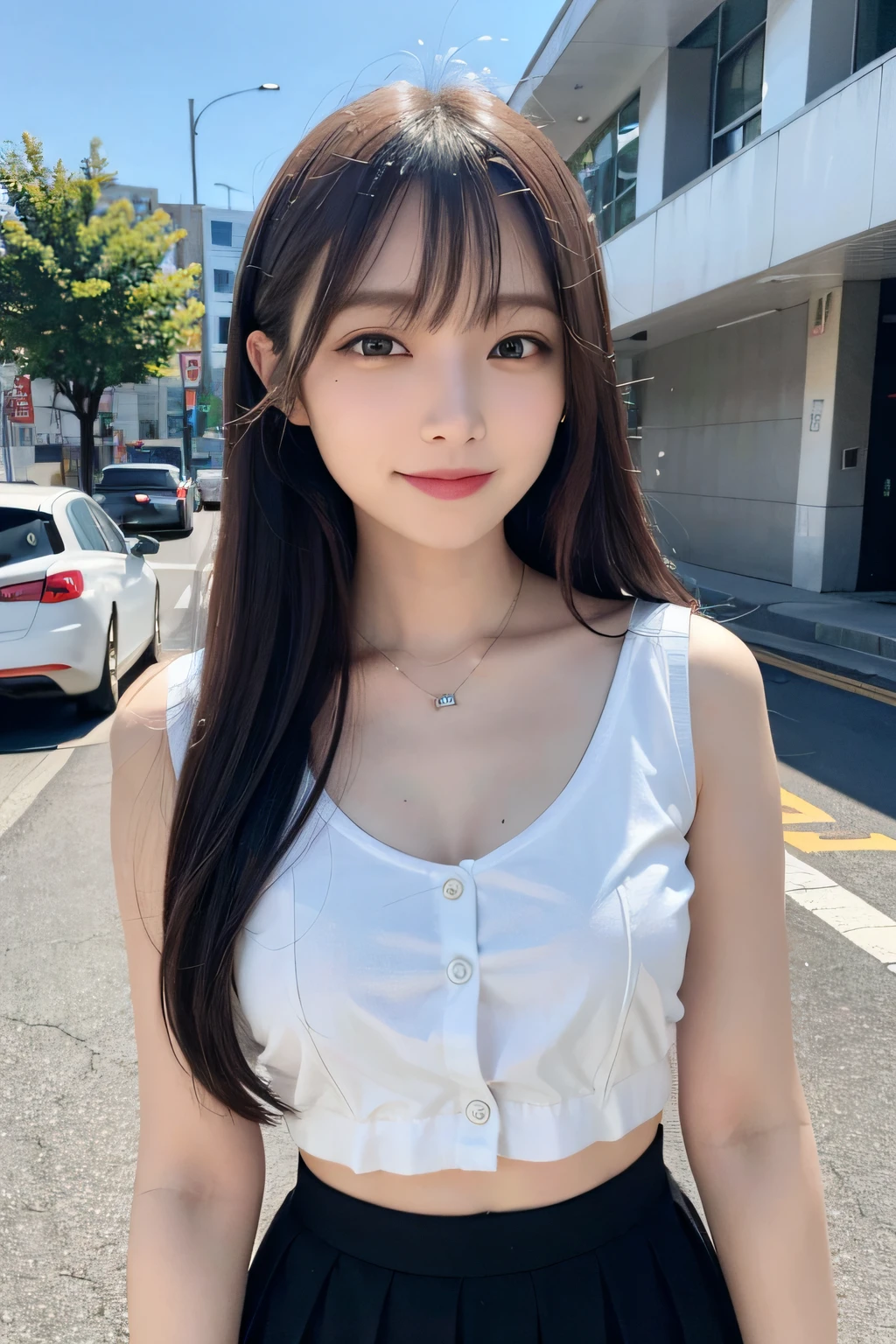 (((Medium Hair))), top-quality, 8K, nffsw, Hi-Res, absurderes:1.2, a picture, (Raw photography:1.2), (Photorealsitic:1.4), (masterpiece:1.3), (intricate detailes:1.2), 1girl in, 独奏, a japanese girl, Delicate and beautiful details, (A detailed eye), (detailed facial features), 小柄, (((tiny chest))), tonned skin, (up looking_で_viewer), from a_front, (skiny), (top-quality:1.4), (超A high resolution:1.2), cinematric light, (Extreme detailed illustration), (lipgloss、top-quality、超A high resolution、depth of fields、Caustics、Broadlighting、Natural Shading、85 mm、F / 1.4、ISO 200、1 / 160 seconds:0.75)、1girl in、独奏、Casual wear、A smile、校服、a necklace、、student clothes、乃木坂アイドル、hposing Gravure Idol、Beautie、In the street、Office Lady、(s Office)、The shirt、lana