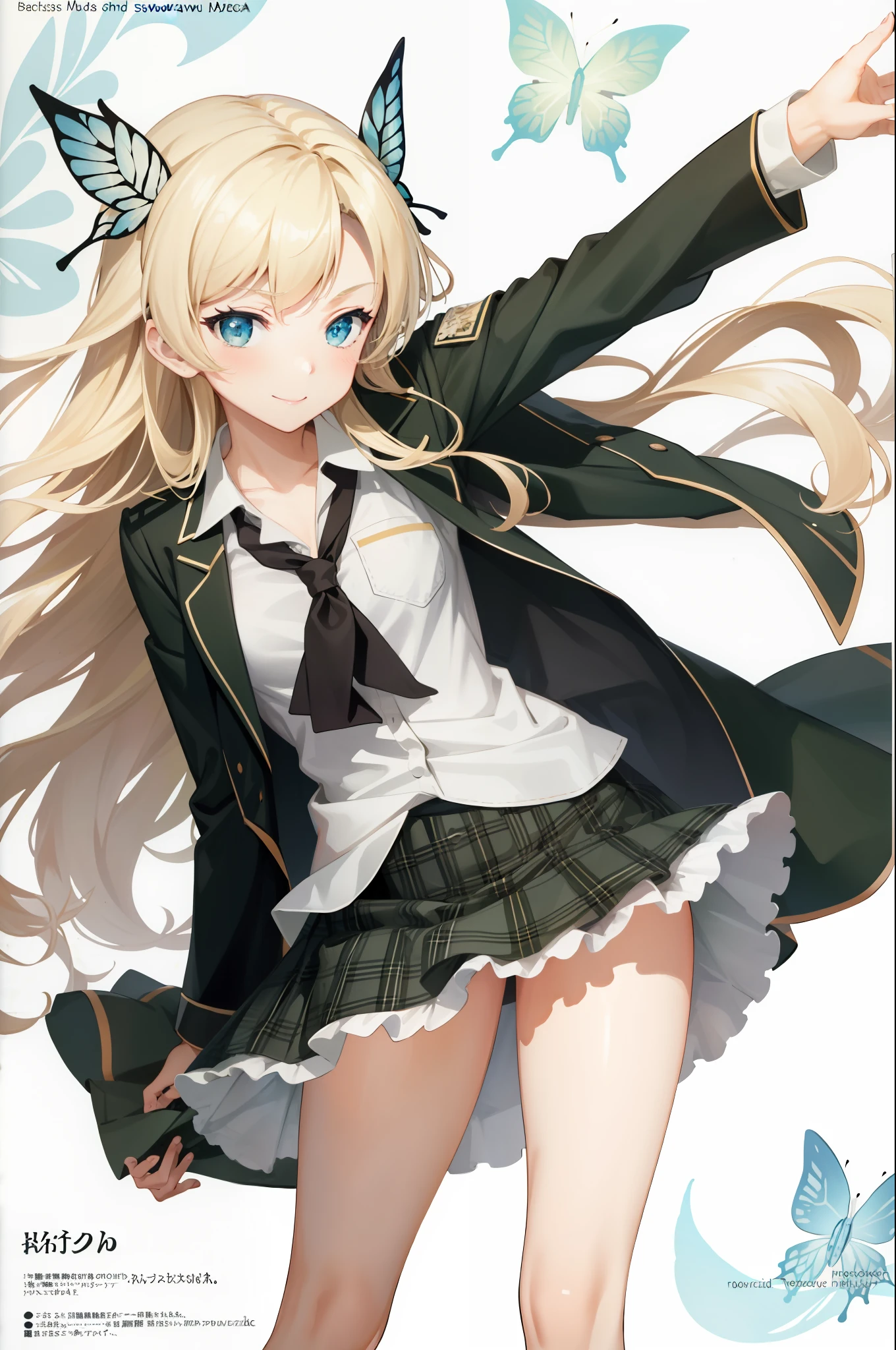 Masterpiece, Best quality, absurderes, Perfect anatomy, 1girll, Solo, Sena Kashiwazaki, Long hair, butterfly hair ornaments, sankta. Kronica College uniform, Green jacket, plaid skirts, standing, Smile