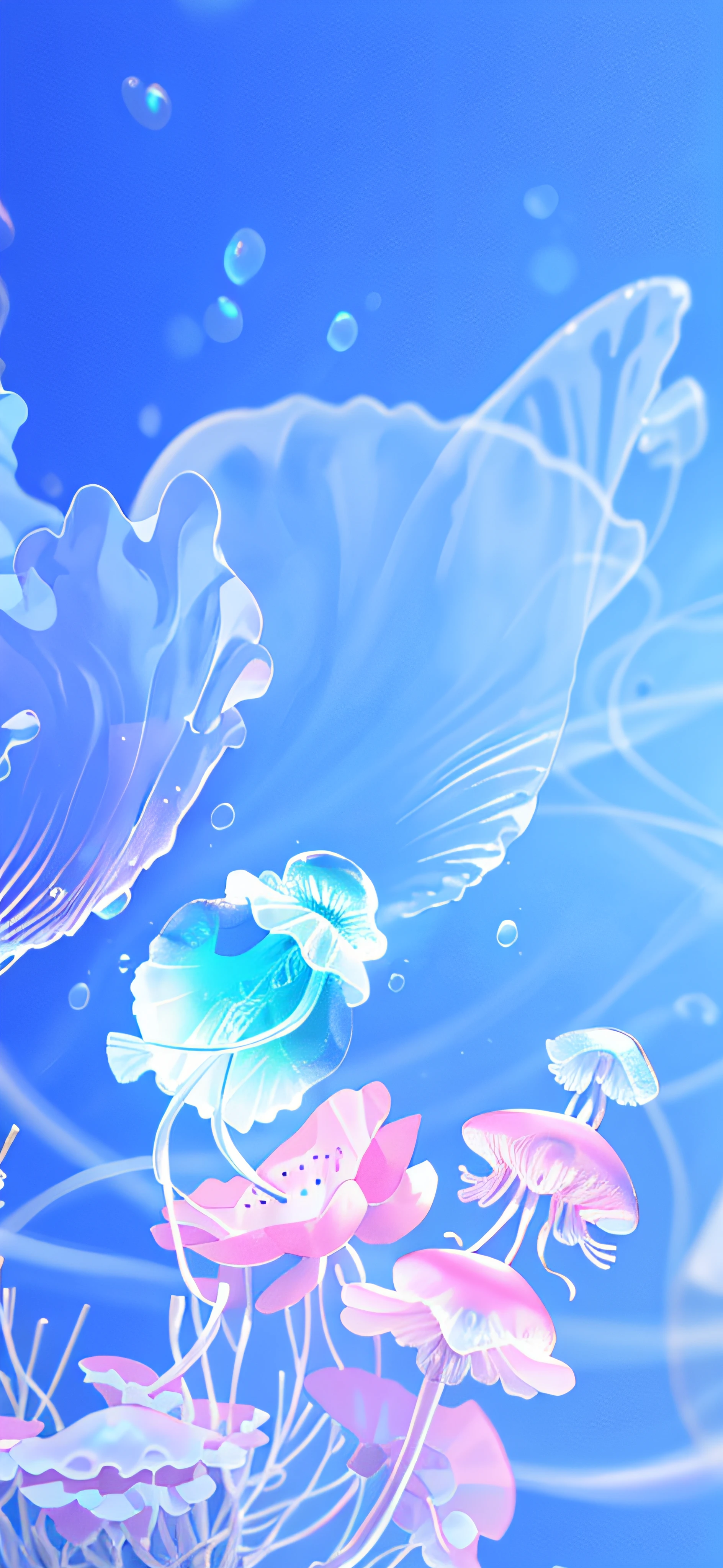 There are jellyfish and jellyfish swimming in the ocean, bubbly underwater scenery, underwater bubbles background, 4 k hd illustrative wallpaper, blurry and dreamy illustration, soft 3d render, blurry and dreamy illustration, vaporwave surreal ocean, 3d grainy aesthetic illustration, background artwork, bubbly scenery, 4 k hd wallpaper illustration, Ethereal background, Ethereal bubbles