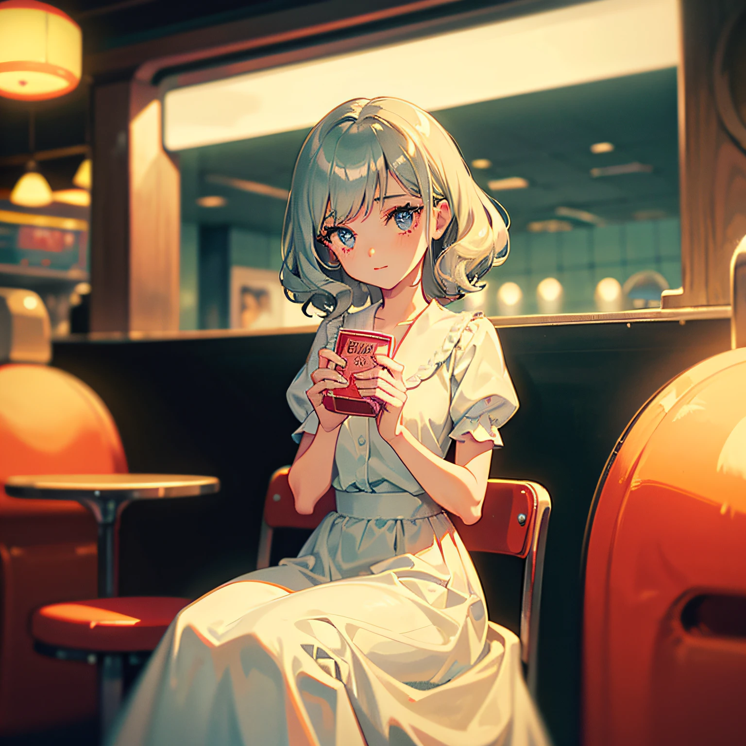 filmg, 1girl dressed in a 1950s-inspired dress, complete with a full skirt and petticoat, her hair styled in classic pin curls. She should be seated at an old-fashioned diner, surrounded by vintage details like a jukebox, chrome accents, and neon signs. Her eyes should be sparkling with excitement, her skin flawless and glowing under the soft, dramatic lighting. This scene should be captured on 35mm film, with a beautiful depth of field and a slightly blurry, nostalgic background --auto