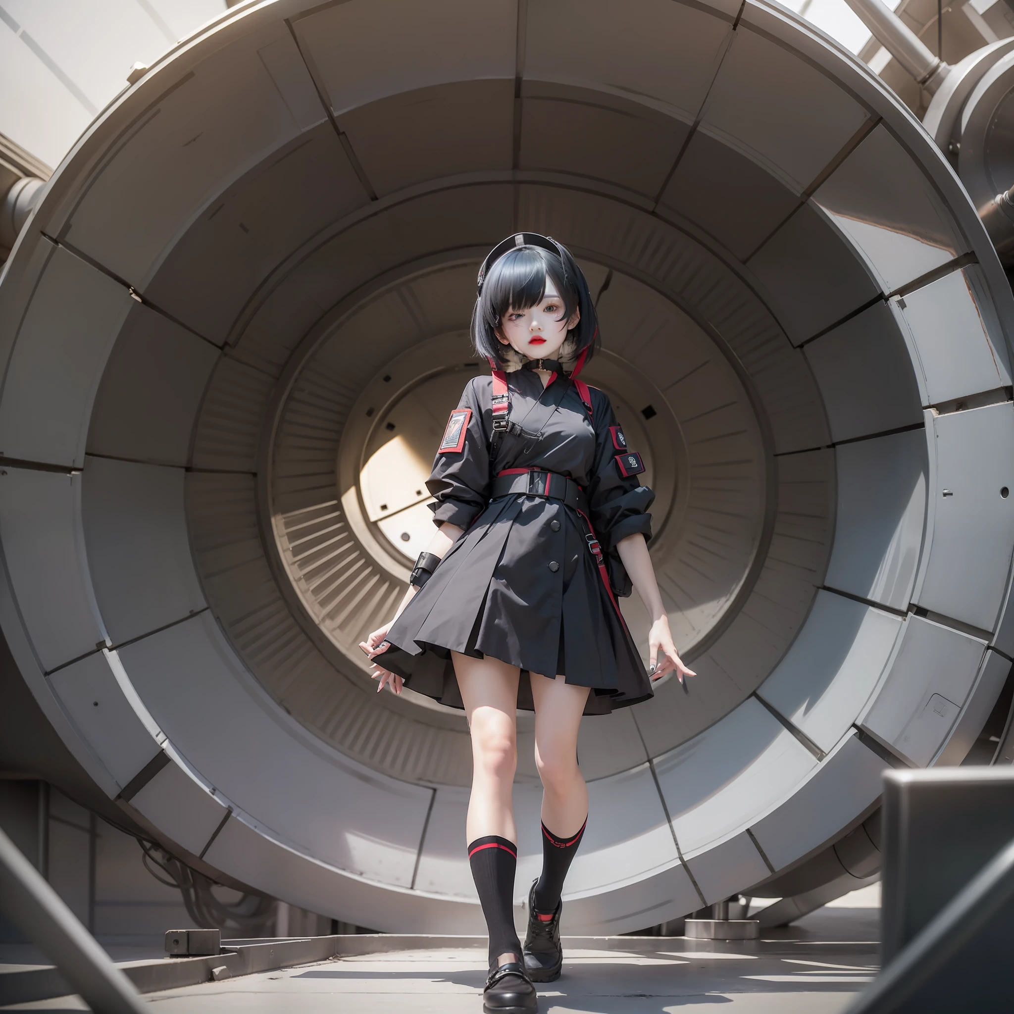 Korean goth girl with a edgy outfit, confidently posing outside a futuristic nuclear testing facility