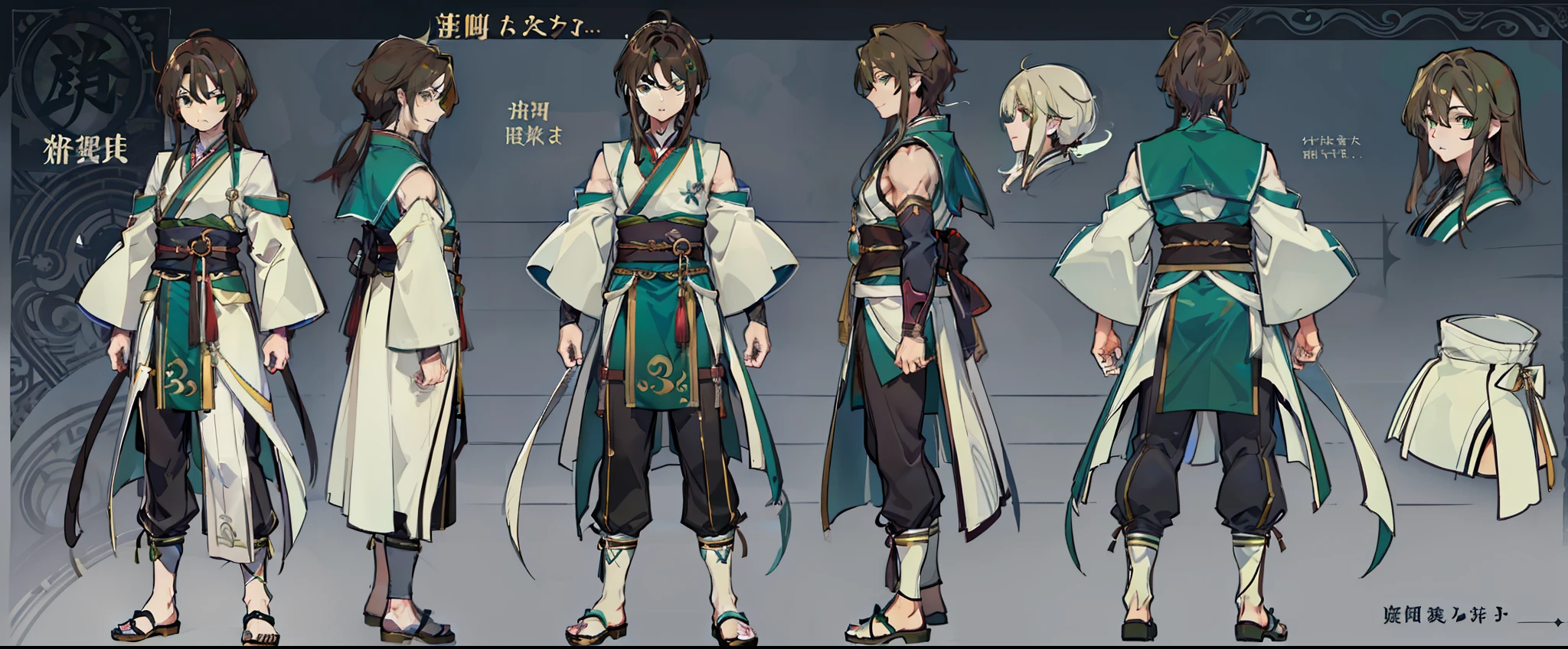 1人, reference sheet, (Fantasy character design, Front, back, Side) Manly, Broad shoulders, Tall, lean athletic build. Magical green eyes, long and dark brown hair, neatly kept. flowing runic robes.Hanfu