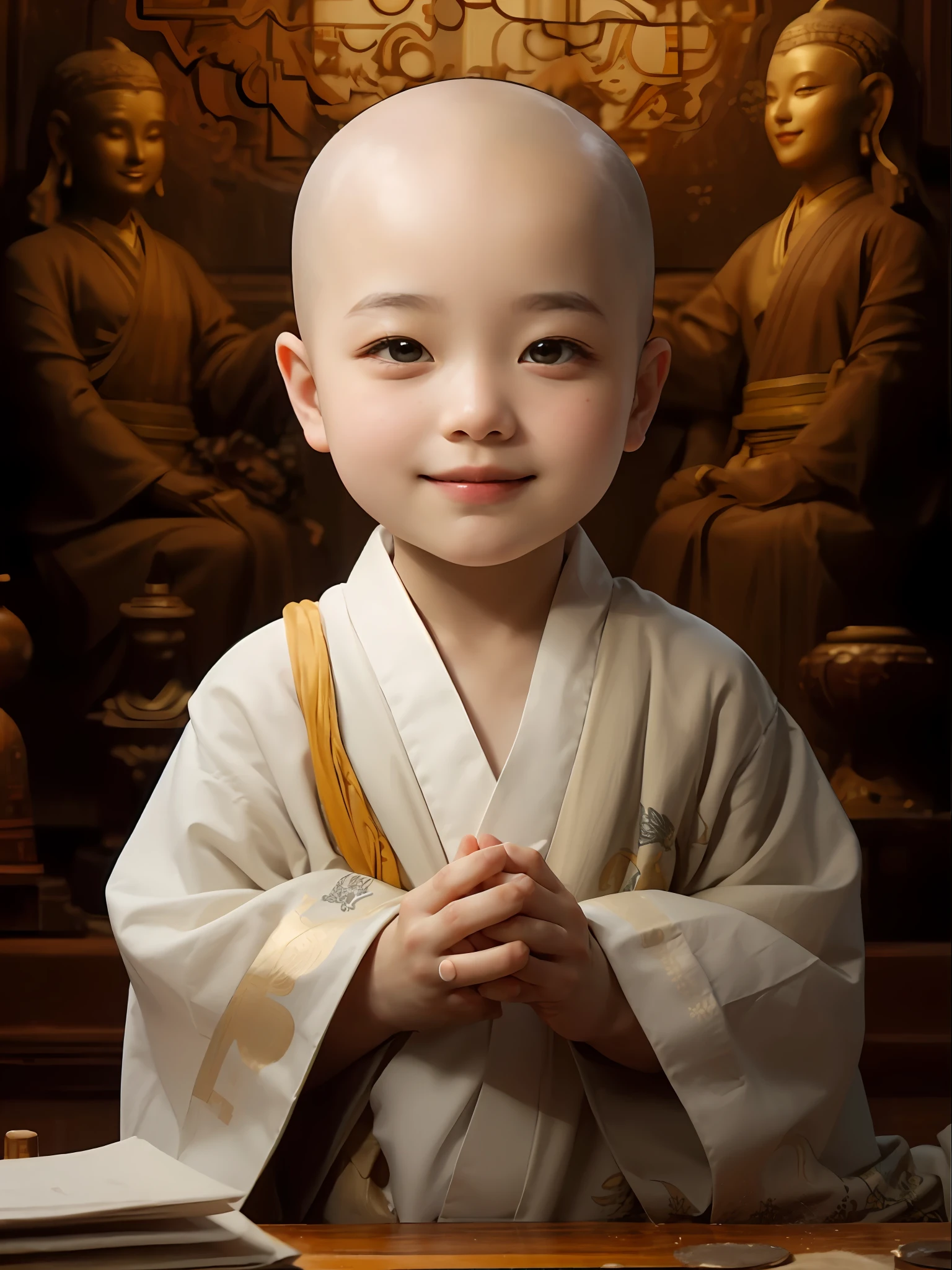 A 3-year-old bald monk，Wearing a white monk's robe，Chubby little face，Big round eyes，A  High Bridge of nose，With a smile，had his hands folded，Sit cross-legged。Lotus pattern on background。k hd