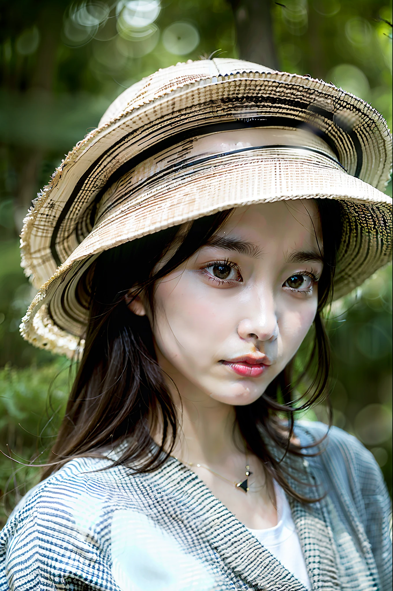 Japanese model girl, masterpiece,Face Focus,HDR,Ivory Skin,She ware Straw Hat, Cinematic lighting, Portrait View, shadow,Blur Background, Forest, Smooth Skin, Realistic, High details,