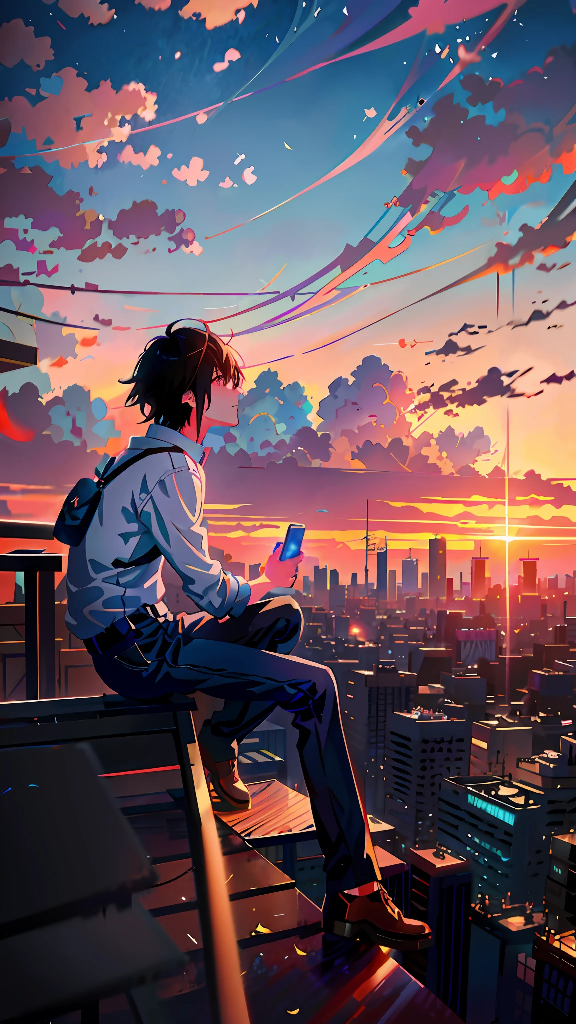 Anime scene of a man sitting on a windowsill holding a mobile phone, watching the sunset. Anime, Makoto Shinkai Cyril Rolando, conrad roset and makoto shinkai, lofi-girl, Lofi art, tokyo anime anime scene, Praise Artstyle, inspired by Liam Wong, loish art style, in the style of makoto shinkai