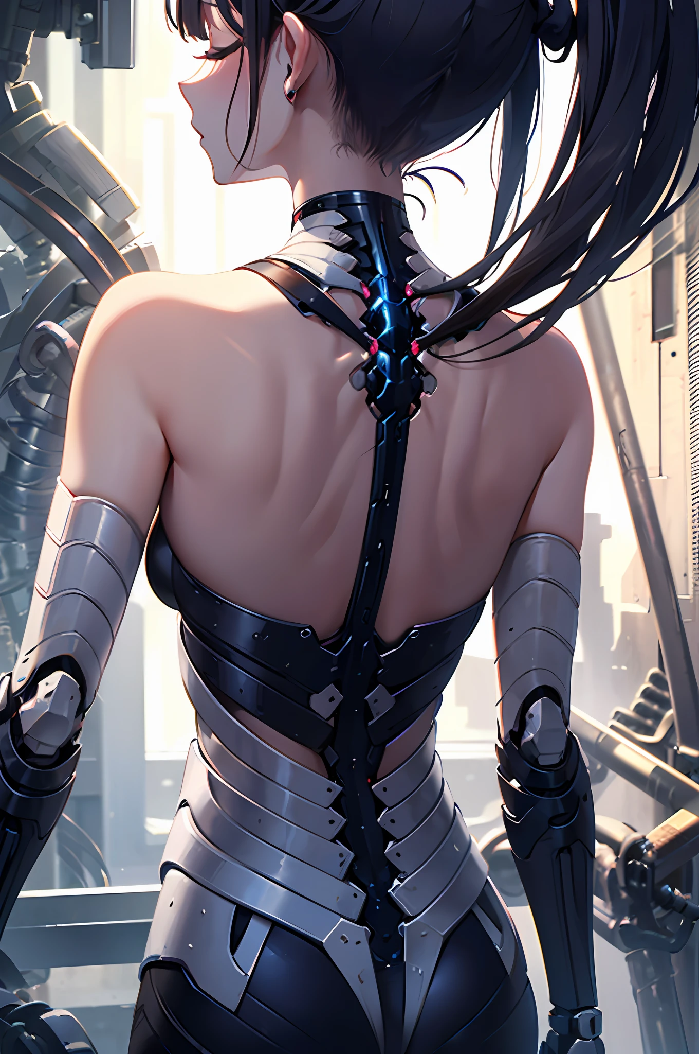 Top quality, masterpiece, fine details, very delicate 8k wallpaper, beautiful girl, beautiful profile, (white ponytail), (close eyes), (beautiful bare back), (exposed shoulders, exposed scapula, exposed flank:1.5), solo focus, side focus, Internal machine exposure, (mechanical joints, mechanical arms), (exoskeleton spine), bio punk, Factory, cable attached to neck, cable connected to the cervical spine, From the elbow to the tip is half made,