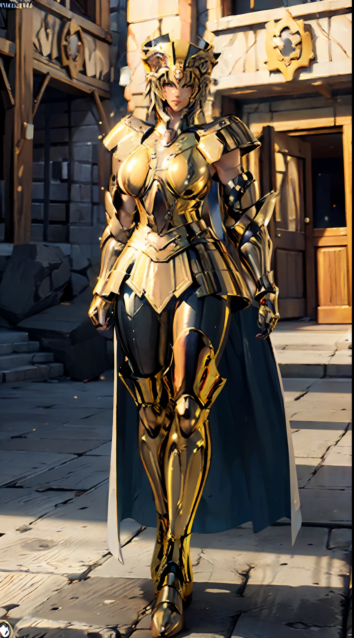 ((Unreal Engine 5)), Realistic Rendering, Excellent, Full armor, knight Cloak, helm, (Yoga hotpants), looking on camera, sexy posing walking down on street, beautiful face, makeup, CGImix, (photorealism:1.2), ultrarealistic uhd face, (huge fake boobs:1.4), (gigantic breasts:1.1), (muscle abs), (big butt), (wide hips), (thick thighs), slim waist, hourglass figure, half body, ((glowing skin)), ((shiny skin)), Realistic body, ((she is sexy body)), ((clean skin)), photorealistic, bokeh, motion blur, masterpiece, highres, 1080P, super detail, textured skin