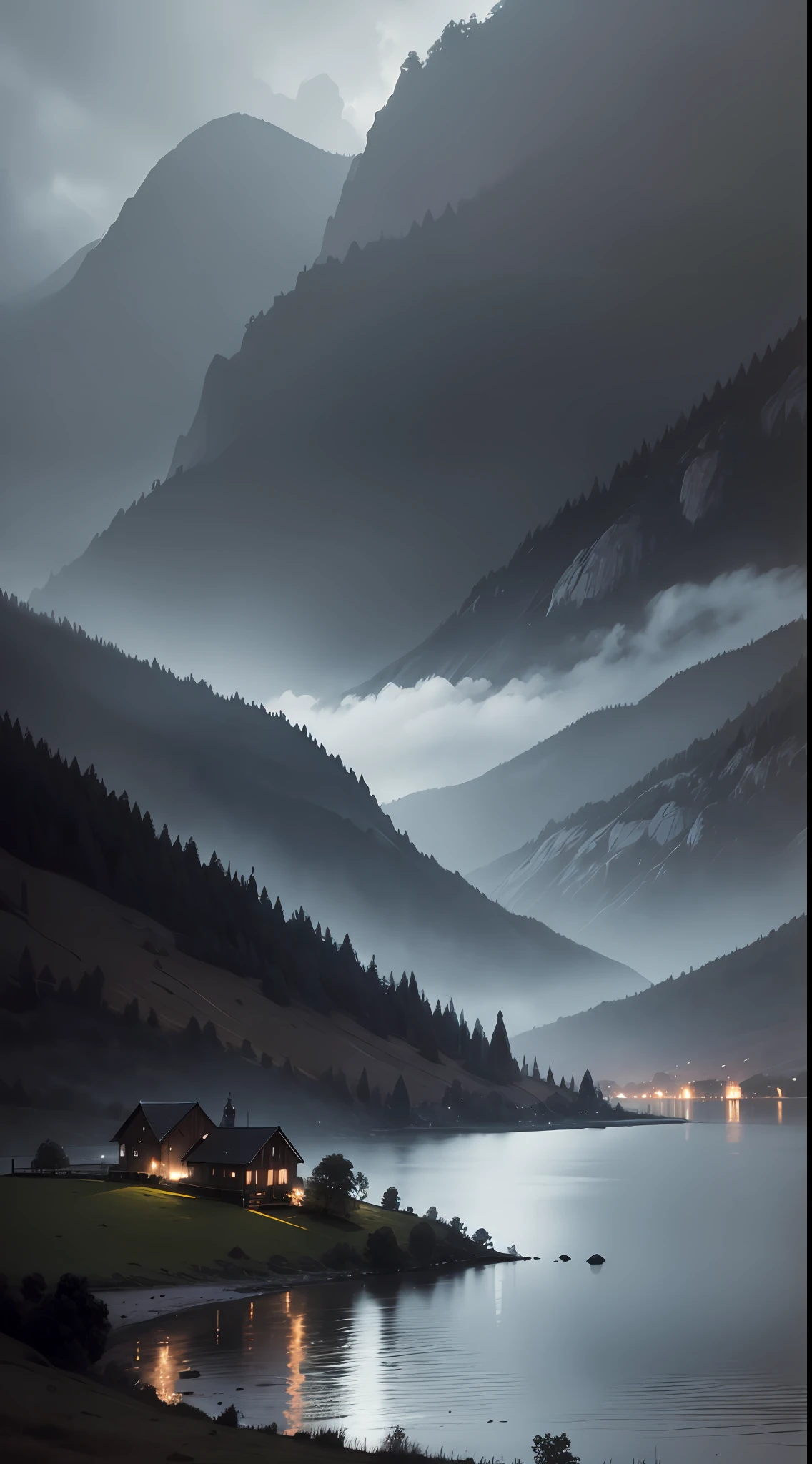 "Dark and melancholic atmosphere by the lakeside with small hills, amidst pouring rain, under dark clouds."