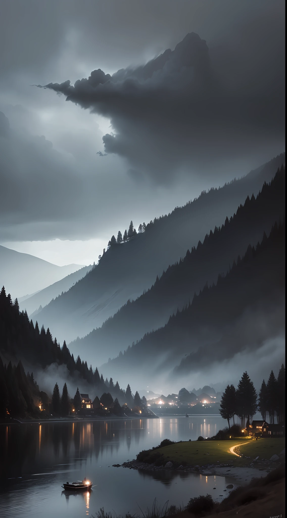 "Dark and melancholic atmosphere by the lakeside with small hills, amidst pouring rain, under dark clouds."