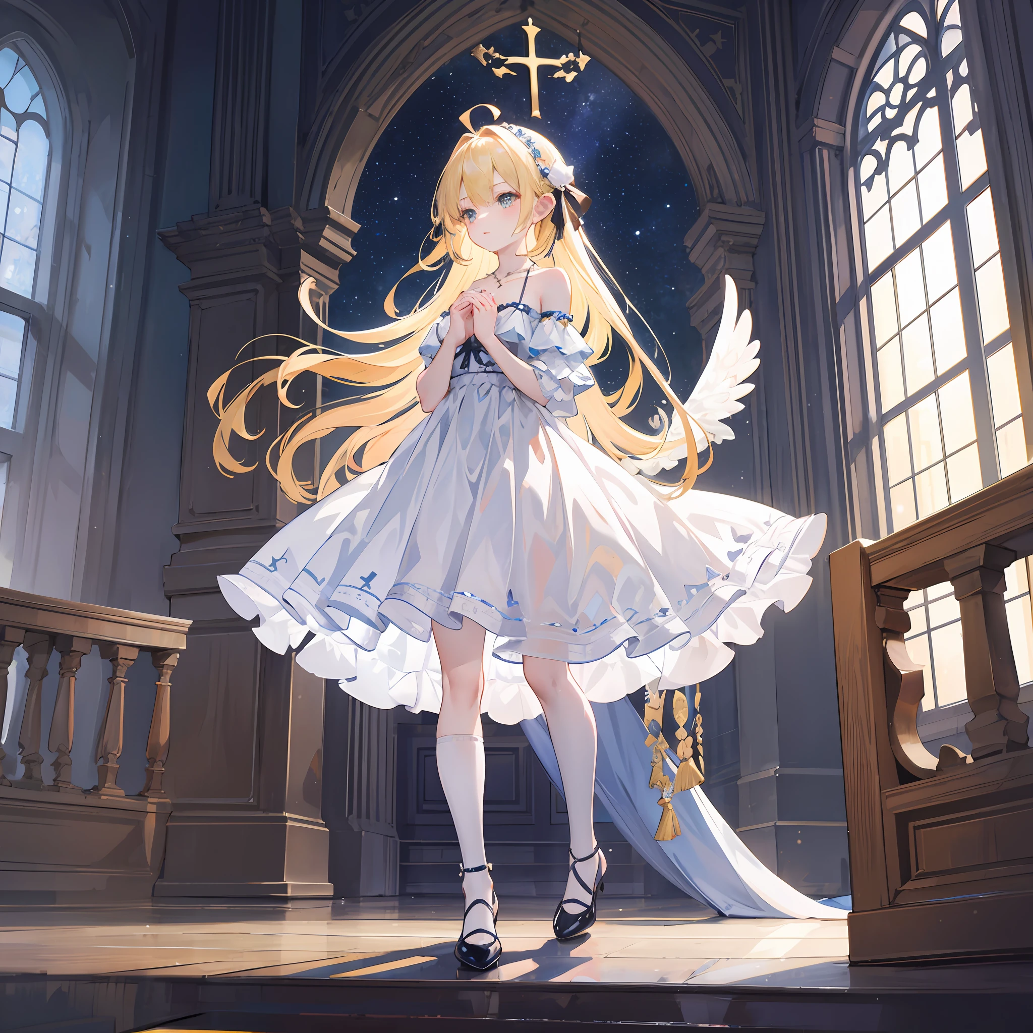 profile,full body,very wide angle shot,High saturation,Overall view,,Perspective,Starry sky,greco-roman architecture,Gothic architecture,chies,Indoors,A high resolution,Game CG,Extremely detailed Cg Unity 8K wallpaper,Detailed manga illustrations,art of light novel,intricately details,A high resolution,angel,Lori huge breasts cleavage,chiquita,Solo,No chest,angelicales,Dragon girl,lolita fashion,Slim waist,Princess,young girl,Babe,ahoge,Very_Long_Hair,Blonde hair,Shiny hair,Blonde_Hair,Blonde_Hair/Yellow_Eyes,looking at the distance,pray,Floating,Own hands together,Detail fingers,Knees Together,Feet up,anklet,Serious,Beautiful detailed eyes,Eyes,shoulder cutout,halter dress ,off the shoulder dress,White transparent skirt,Long skirt,Pleated dress,White pantyhose,kneehighs,White_upper legs,mary_janes,thigh band,Hair ribbon,Hair accessories Hair bow,Cross necklace,Headband,Tiny_chest,Beautiful detailed sky,Ray tracing,Masterpiece,Clear picture,Pedras preciosas,ahoge,leg loops,