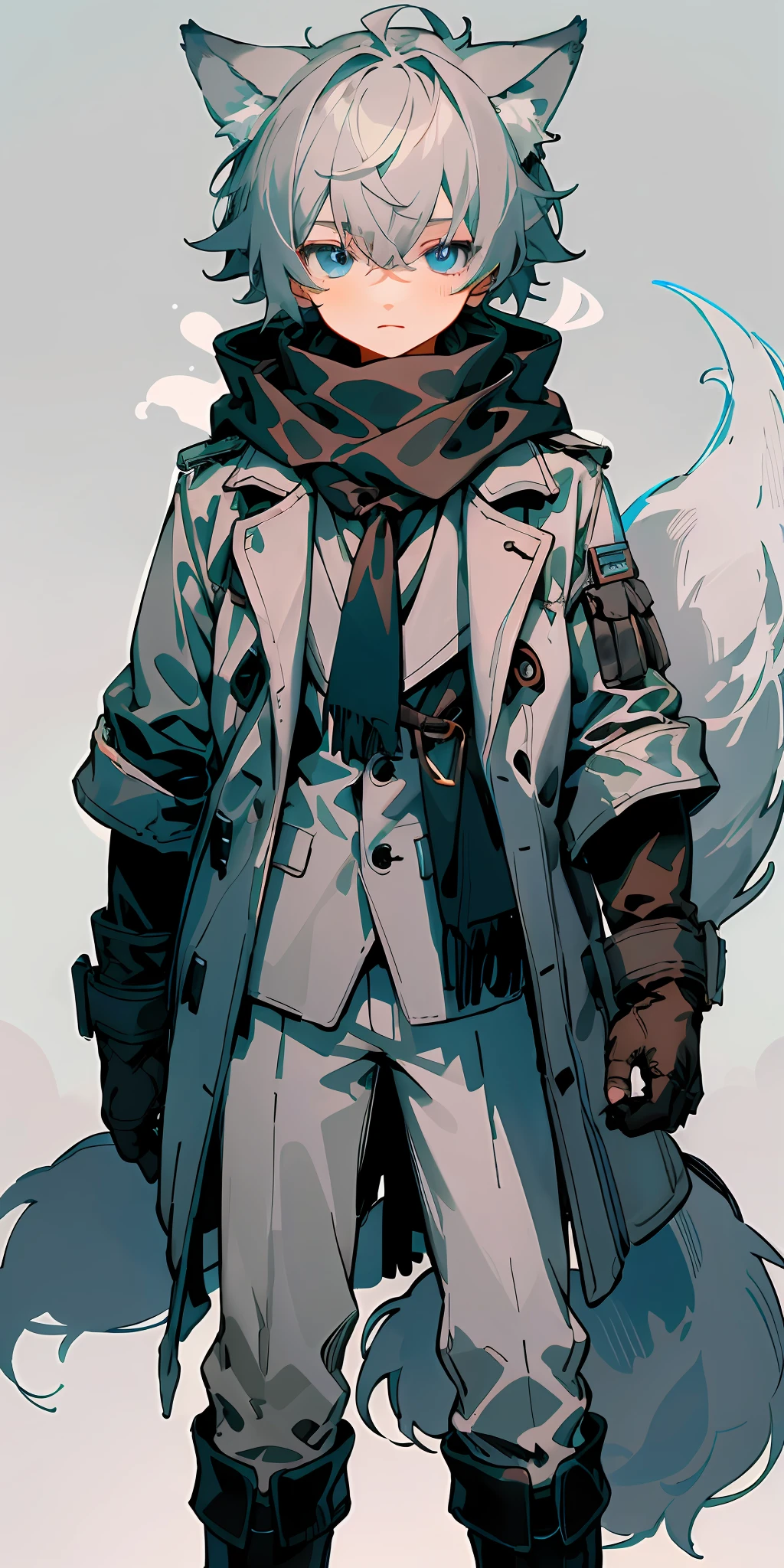 1boy, shota, (HD quality, masterpiece level), fresh and cold teenage characters, wolf ears and wolf tail highlight the character's sense of belonging, blue eyes and dark gray hair echo each other, the clean lines of the white-gray military trench coat show the character's modesty and confidence, brown scarf and black boots are rigid and soft, as if ready to go. The whole picture is simple and atmospheric, and the high and cold temperament is respectful. No background, white screen, slightly toned, HD, masterpiece, white background, dark gray hair, blue eyes, (wolf ears), (wolf tail), slim white gray military trench coat, no hood, brown scarf, black boots, one tail, little boy, hidden ears