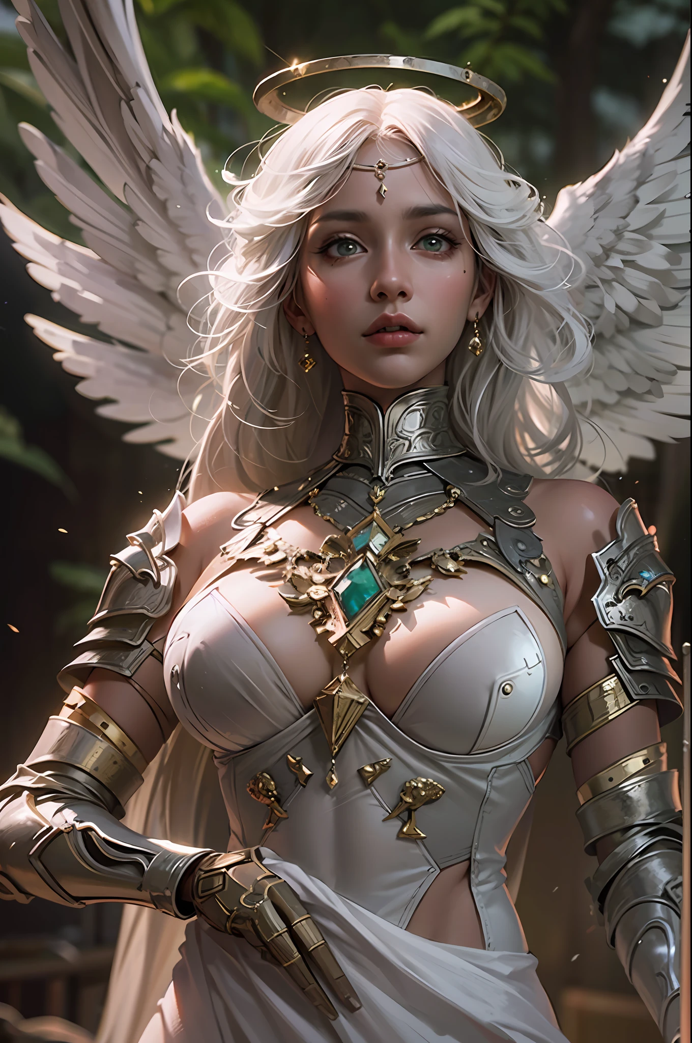(8k, RAW, Photorealistic: 1.25) Realistic, Cinematic Light,(Action Pose: 1.4), (Dark Shot: 1.4), , Platinum White Hair, Beautiful Angel Covered with Jewels, Highly Detailed Bronze Armor, Green Eyes, Broken Angel Wings, Dark Forest, Sunlight Through Trees, 8 Life-Size, Chic Body, (Best Quality)), India,, Add depth to the image with backlight effect ,, perfect anatomy,