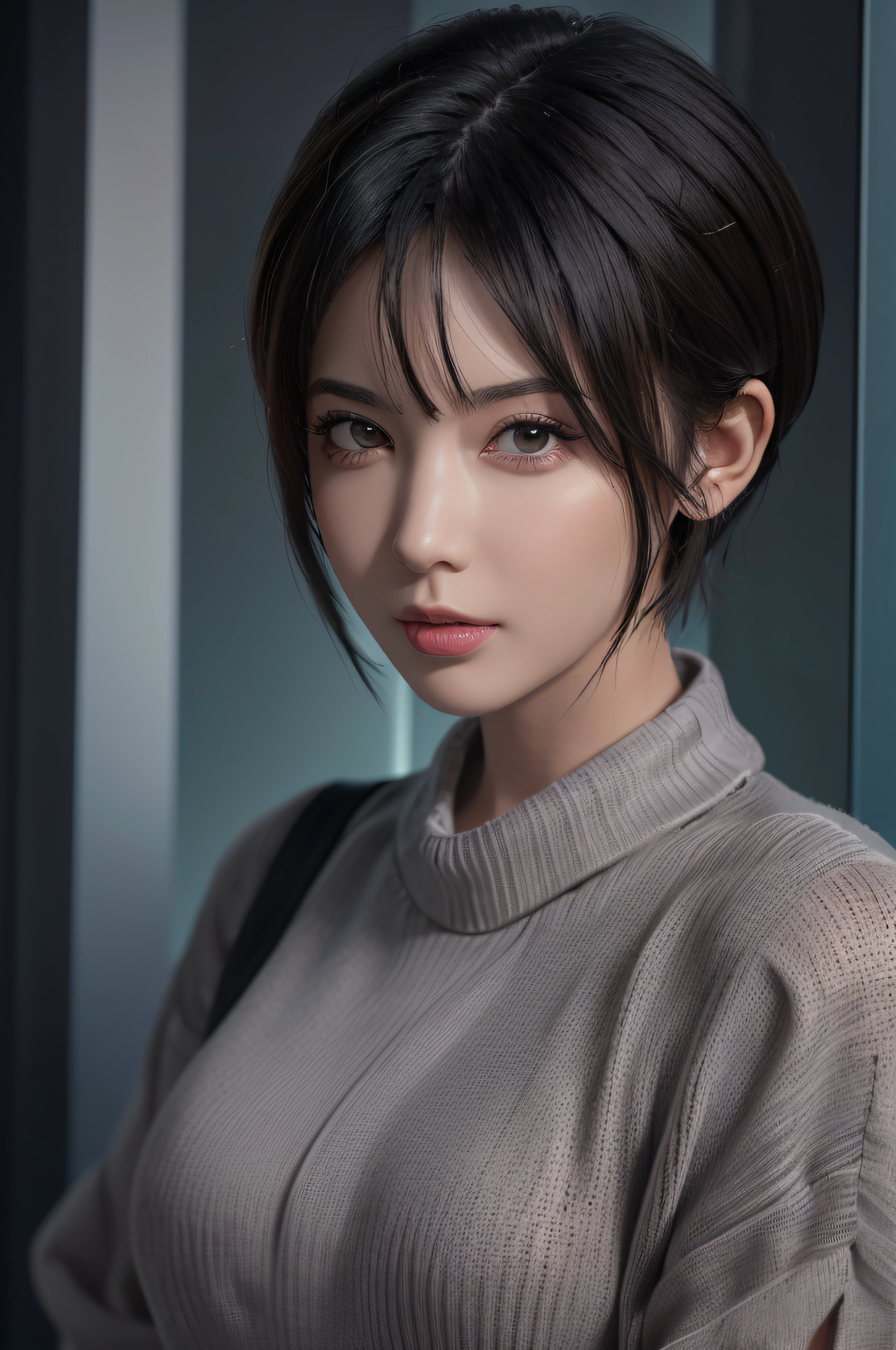 (masterpiece:1.3), (8k, photorealistic, RAW photo, best quality: 1.4), (1girl), beautiful face, (realistic face), (black hair, short hair:1.3), beautiful hairstyle, realistic eyes, beautiful detailed eyes, (realistic skin), beautiful skin, (sweater), absurdres, attractive, ultra high res, ultra realistic, highly detailed, golden ratio