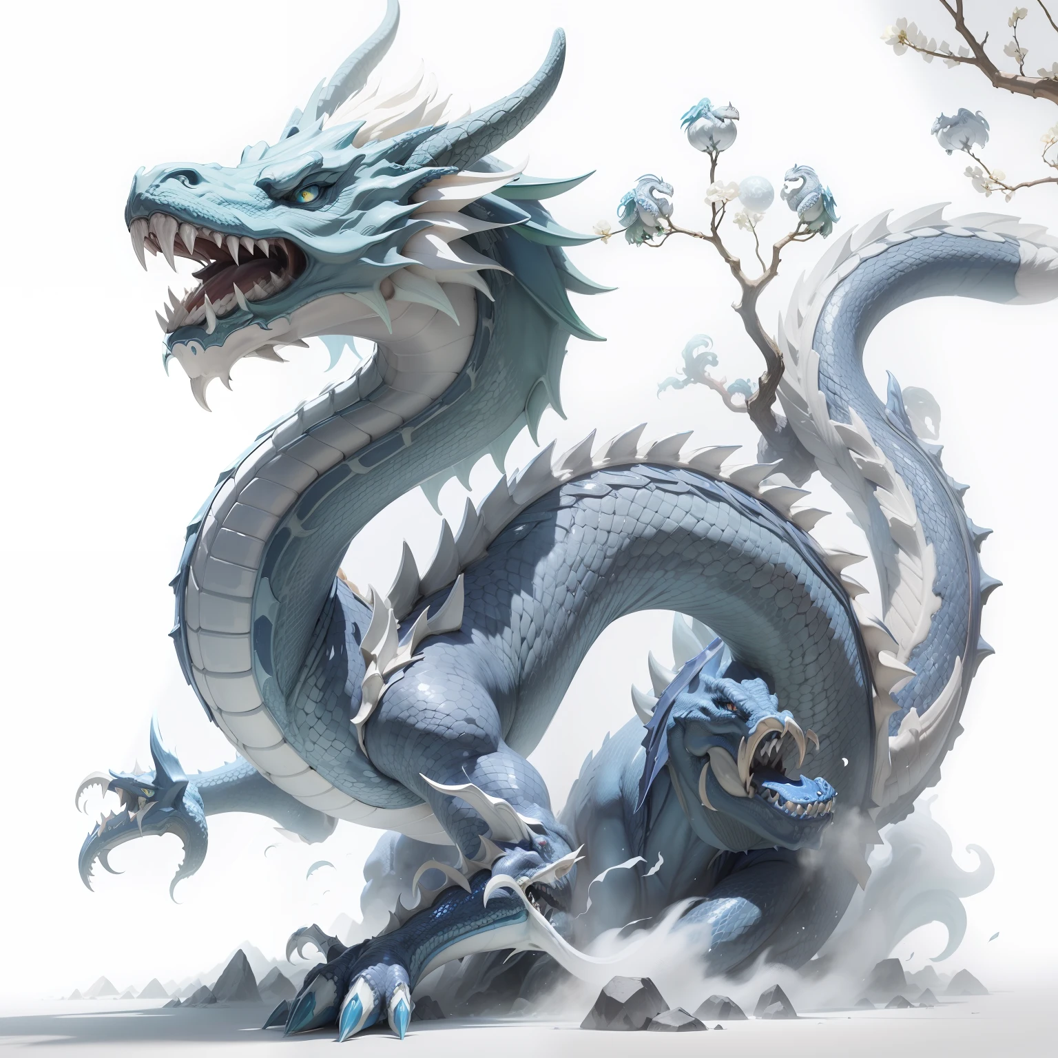 drak，Blue and white porcelain，Green Dragon，mythological beasts，ferocious，bucktooth，Clear lines，k hd --auto