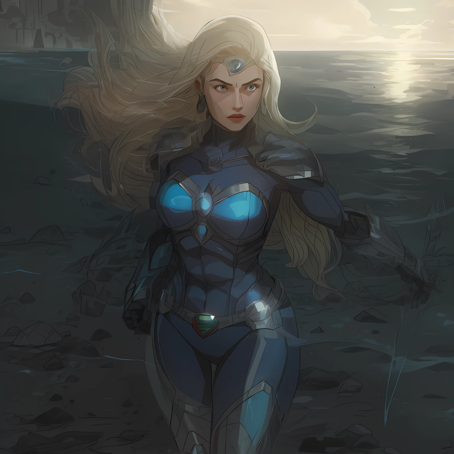 superheroine queen of the oceans, mulher de cabelo branco, vestindo um traje de armadura azul com detalhes prateados, corpo atletico, poderosa, deusa, divindade moderna, personagem 2d, estilo quadrinhos, controla os mares, Make image sharp