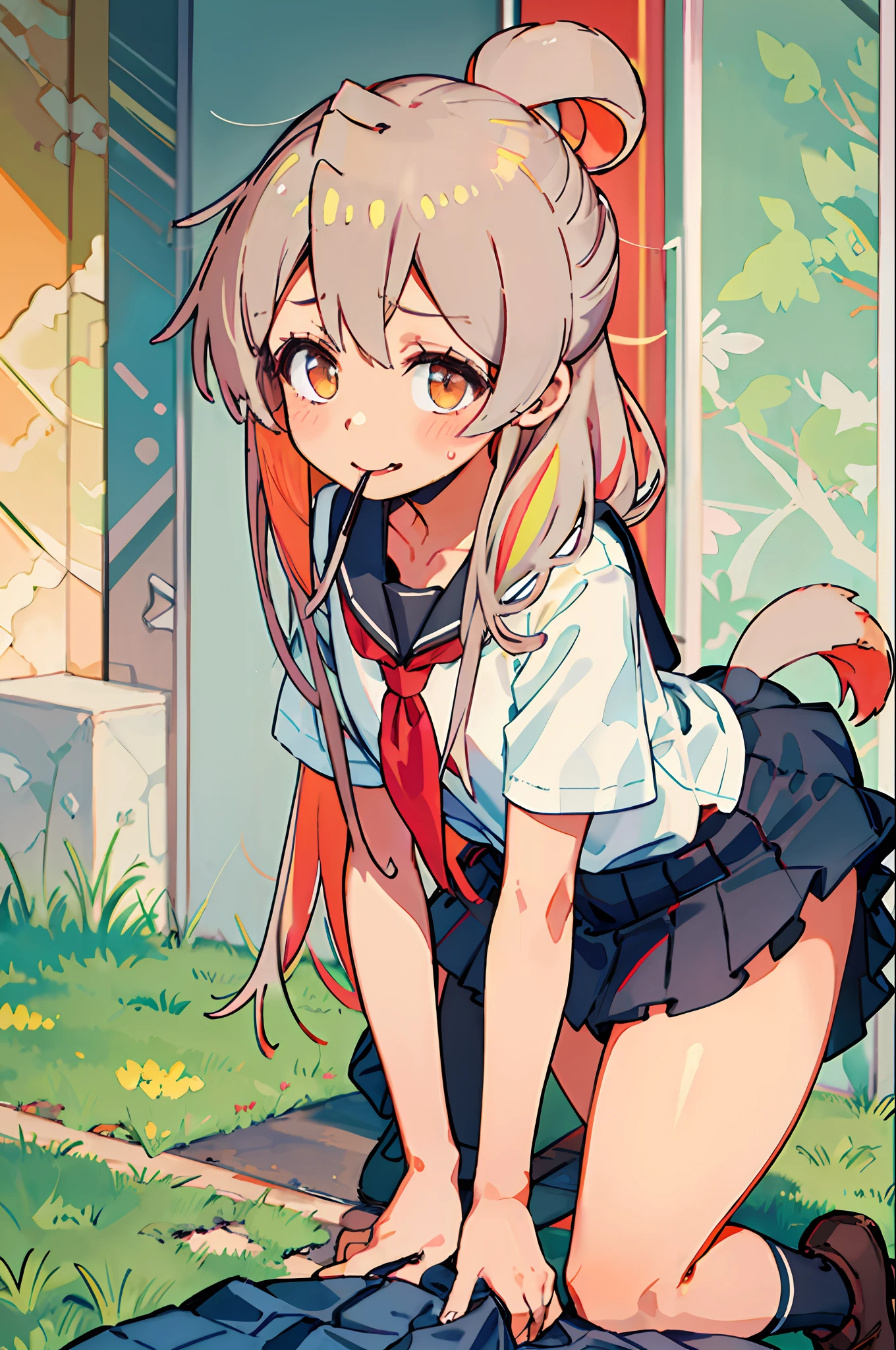 Masterpiece, Best quality, A high resolution, POI3, Long hair, Animal hands:2.0, Black skirt, red neckchief, Black serafuku, Black ribbon, Wolf tail, Hair ribbon, Animal hood, Cowboy shot, Smile, all fours, Field,Natural volumetric light and optimal shadows,depth of fields,tack sharp focus,Very beautiful portrait of a petite girl,Soft and delicate, beautiful attractive face,Charming brown-orange eyes,lovely small breasts,Thick mascara,Sharp eyeliner,with her mouth open,Unkempt white hair blown by the wind,Thick layered long hairstyle,Blushing eyeshadow and thick lashes,lips parted,Sweat,(Sheer school dress shirt with buttons:1.1),short- sleeved,Layered skirt,Ties at the neckline,White socks,Extreme heat in summer,(HighestQuali,stunning detailed:1.4),dramatics,Ray traching,Picturesque,Brilliant and colorful paintings、Volumetriclighting, Best shadow, shallowdepthoffield, Delicate, beautiful attractive face, Charming sharp blue eyes, Sharp eyebrows, Lovely Medium Breast,having fun,Very happy,ssmile