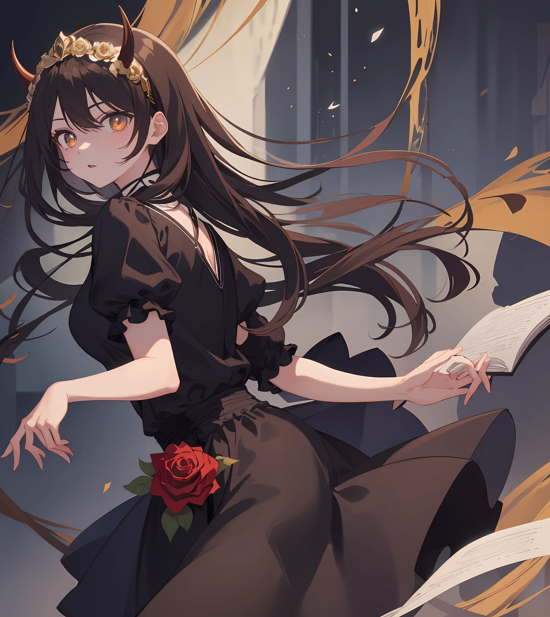 Masterpiece quality,The best quality assurance。A brown hair、Cute girl with golden eyes。She looks very arrogant,Wearing a short Gothic skirt,Exudes magic,With a rose headdress,English-style top,Long hair flutters in the wind,Playful and cute,devil horns