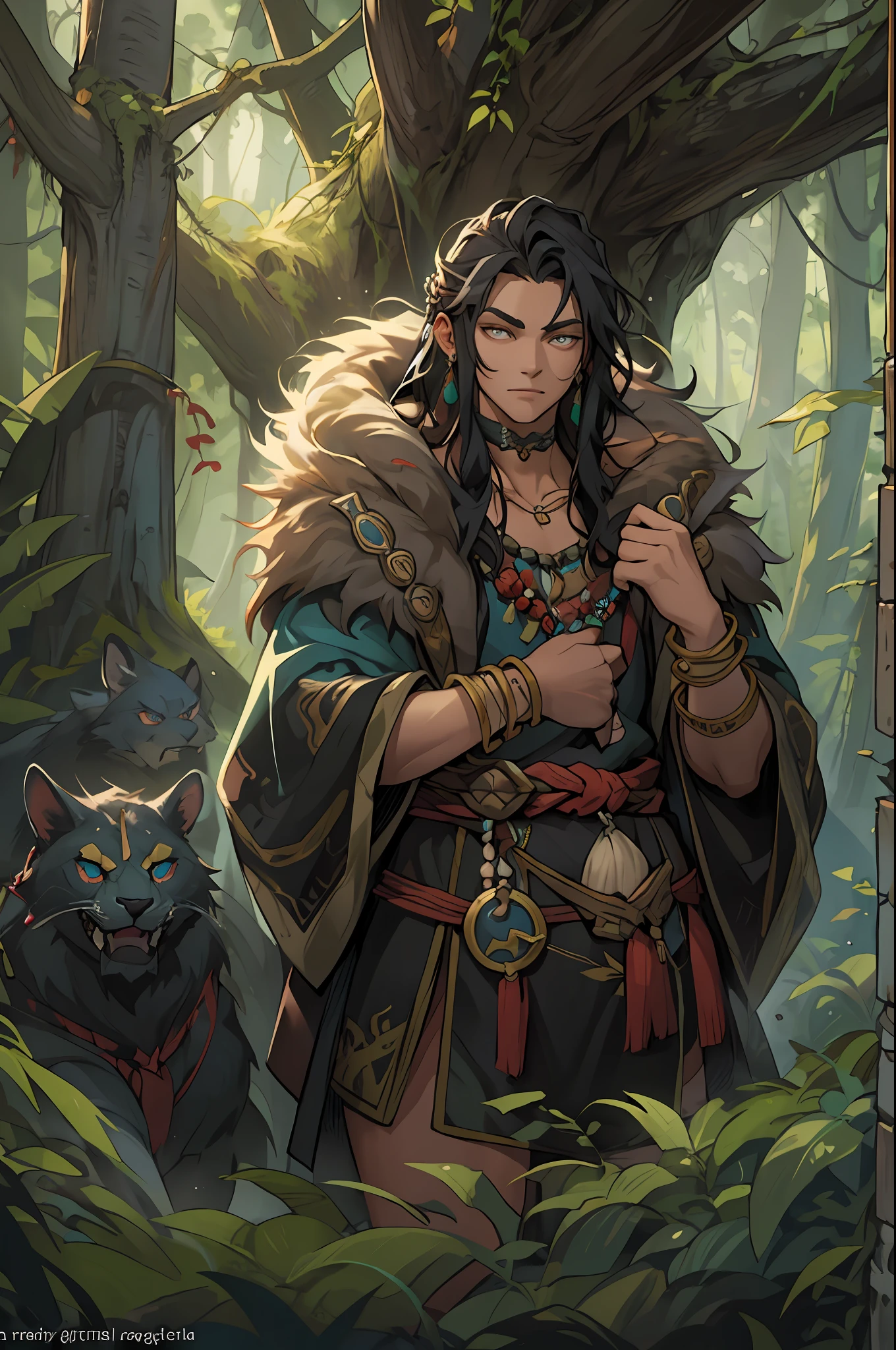 (1 Northern Boys,Animal fur clothing,Norse primitives),Anatomically correct, Solo, shaman, Nature, Healer, Round ears, wild hairs, Dark black hair, Unkempt hair, pretty eyes, Long bead necklace, Bead bracelet, trinkets, Vines in hair, Thick body, Wide body,Fantasy setting, Outdoor activities in a dream forest, Ancient ruins, Magic the Gathering, dungeons and dragons, character concept, character art, Character portrait, Cartoon, Best quality, Best resolution, 4K, Vivid colors, Vivid, High detail, best detail, confident pose, extrovert, look from down, Serious expression