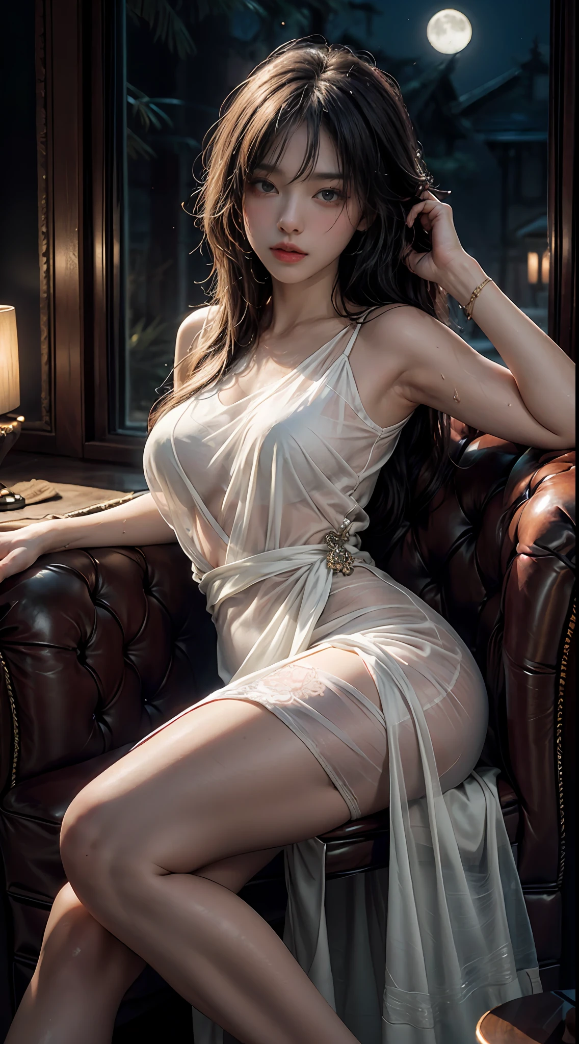 Decorated with intricate patterns and bright colors、Artistic depiction of seductive woman in sheer white gown with flowing silky traditional see-through skin。Her dress draped elegantly around her curvaceous figure、Emphasizes her charming silhouette。She stands gracefully in a gentle moonlit night、bathed in the soft glow of moonlight。The scene is、With a hint of mystery and sensuality、It exudes an ethereal dreamy atmosphere。The image style is、Incorporates a blend of watercolor and digital illustration techniques.、It makes you feel delicate beauty and charm。Soft moonlit lighting、Cast gentle highlights and shadows on her mesmerizing features。Sit in a very luxurious upholstered chair、The hand is somewhere、see -through、show through、A sexy、Wet hair、Lustrous skin、Lustrous hair、No underwear、teats、