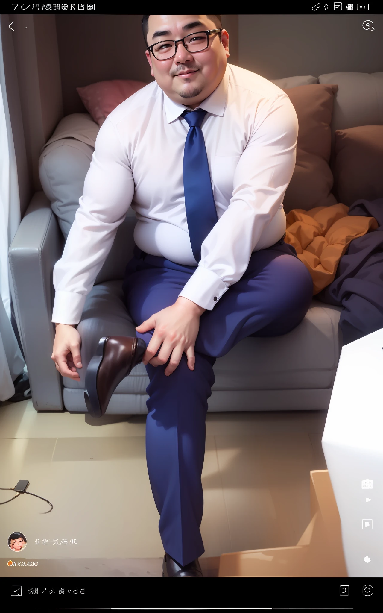 Fat uncle,with a round face,short detailed hair,ssmile,potbelly,White color blouse,with fair skin