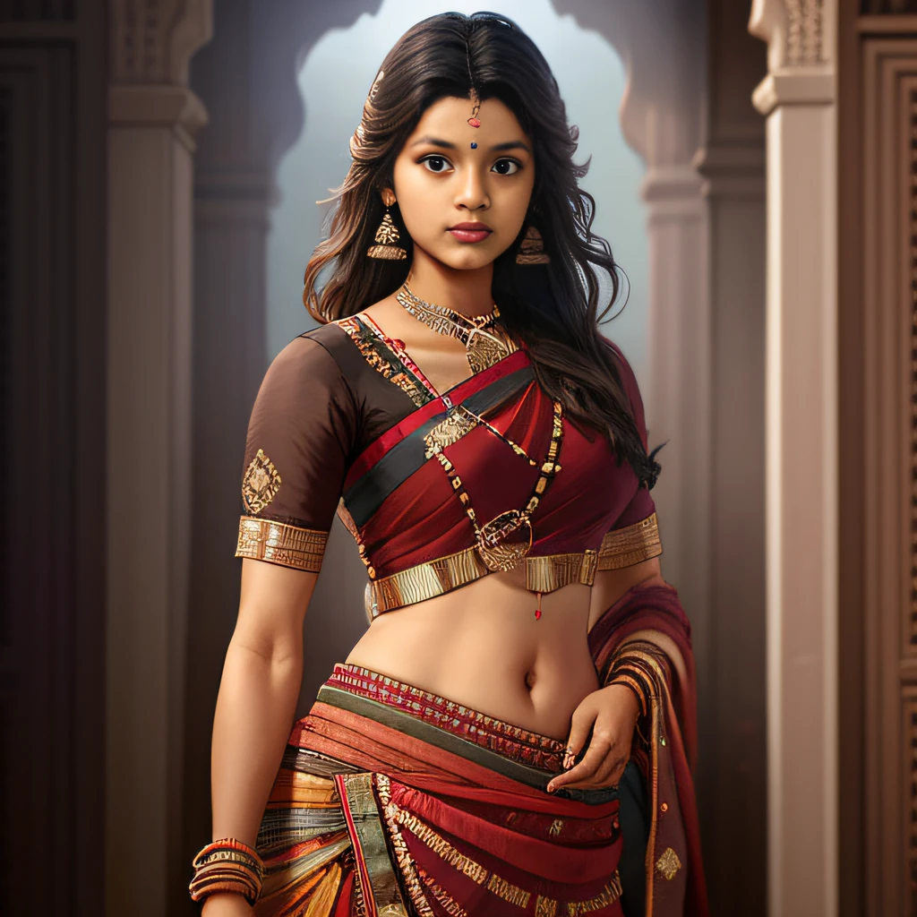 Btflindngds, a sexy Indian girl, brown eyes, bindi, full-body shot, photorealistic painting by artgerm and greg rutkowski, realistic, portrait, (samikshavad:0.3), (cinematic:0.4) lighting