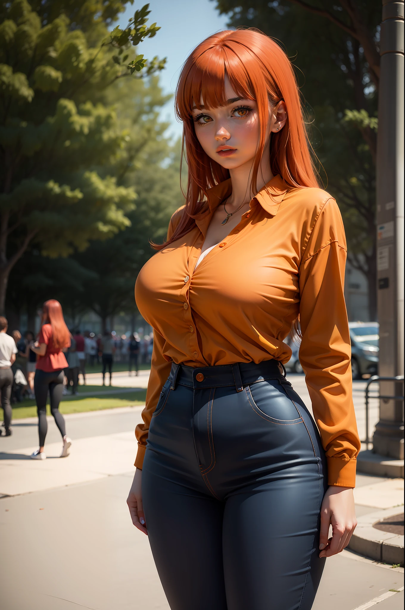 masterpiece, best quality, high resolution, 1girl, solo, orange eyes , long hair, big breasts, orange hair, park, people looking, red shirt, blue pants, no bangs
