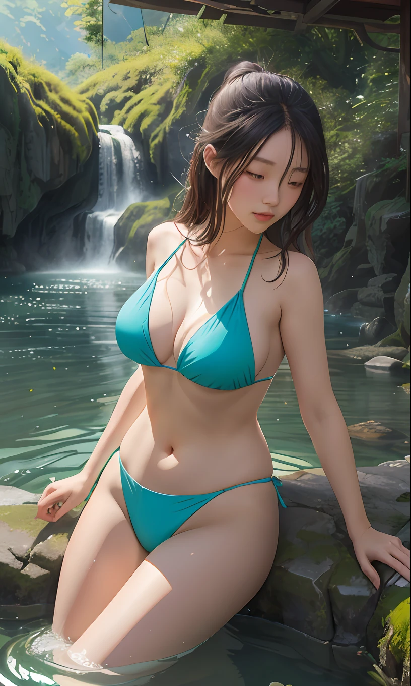 hot onsen, water vapour, falls, Ancient Chinese period, spring, dense woods, lake, Cave, tree, grass field, (Illustration: 1.0), epic composition, Realistic lighting, HD details, masutepiece, Best Quality, A girl in a bikini, (extremely detailed CG unified 8k wallpaper)