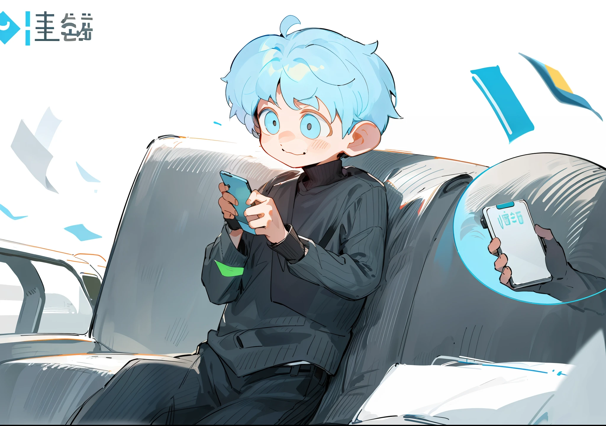 A boy sits on a couch looking at his phone and prepares to grab a train ticket,It was found to be all standby tickets,expression of surprise。Q version cute color illustration。