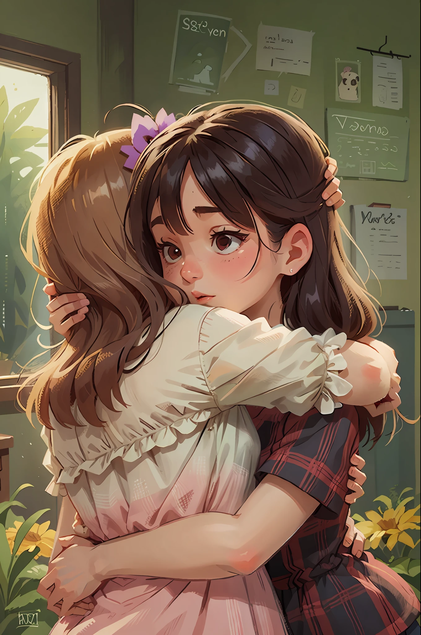 Two girls hugging