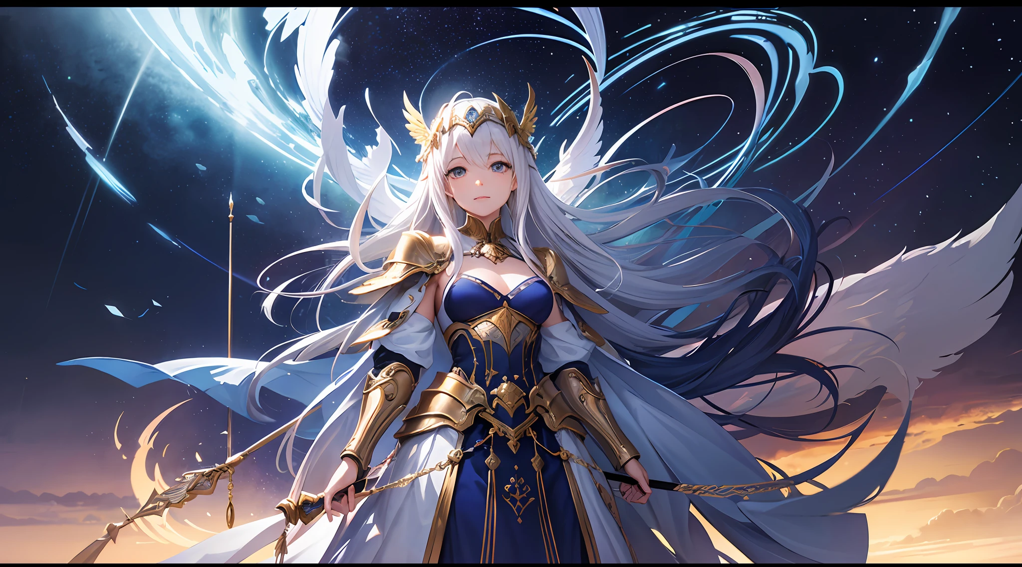 Old Journey Legendary Light、strong lights、Deities々Right、solemnity、Mystical、sacredness、The Breath of God、Haze、1 persons、Winged angel rising towards the light、Lower the sword to the waist、armor、head piece、valkyrie、(posterior view)、slender、The long-haired、tome、Wear lots of gold ornaments、Super elaborate painting、Psychedelic Art、Gaze at the stars at night、Drawn into a spiral vortex、Photoshop Rendering, White hair, gritted teeth,( wide angles、Faraway view)、Art deco, conceptual art, Anime, romanticism, Cinematic lighting, drop shadow, Wide Shot, nffsw, Anatomically correct, masutepiece, High quality, Best Quality, High quality、